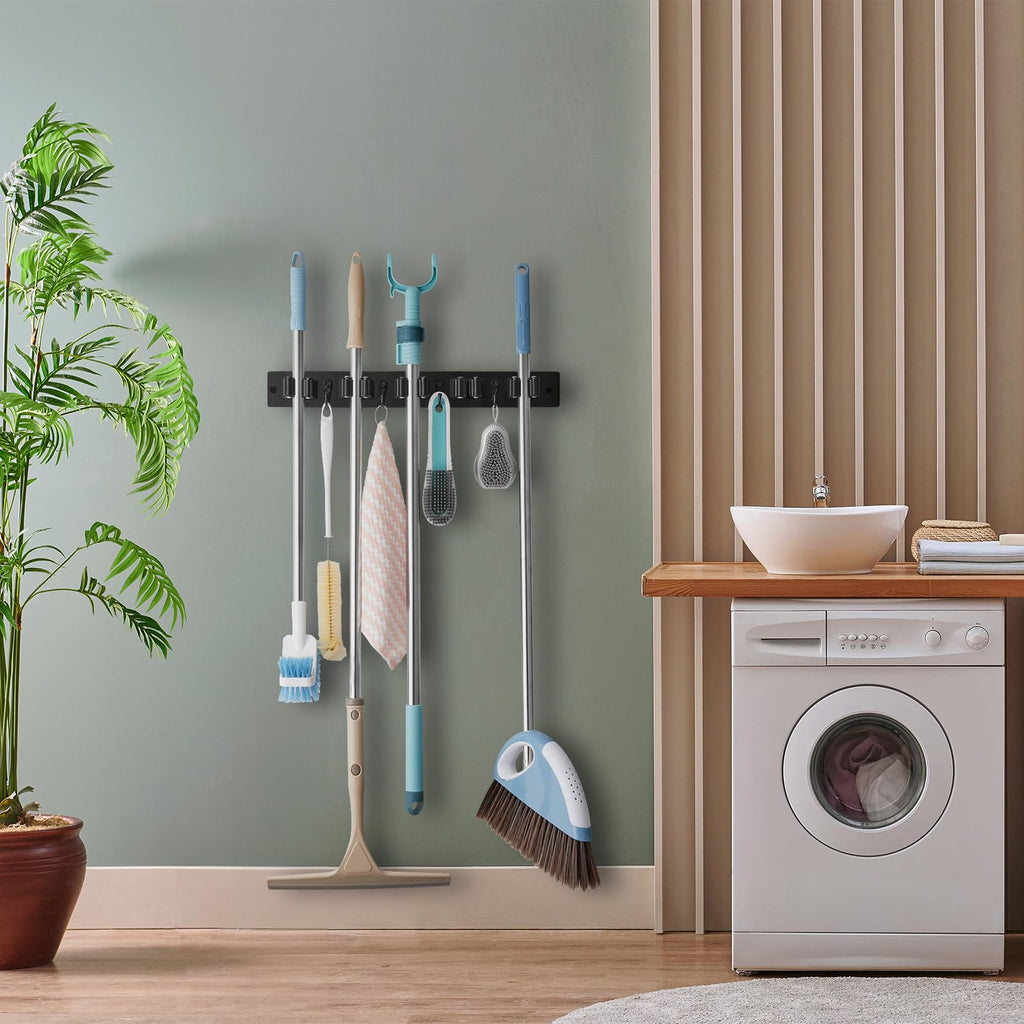 Mop and Broom Holder Wall Mount - Rustic Wood Broom Mop Hanger - Wall Mounted Garden Tool Rack Organizer for Closet Garage Laundry Room Kitchen Decor With 4 Slots & 4 Hooks