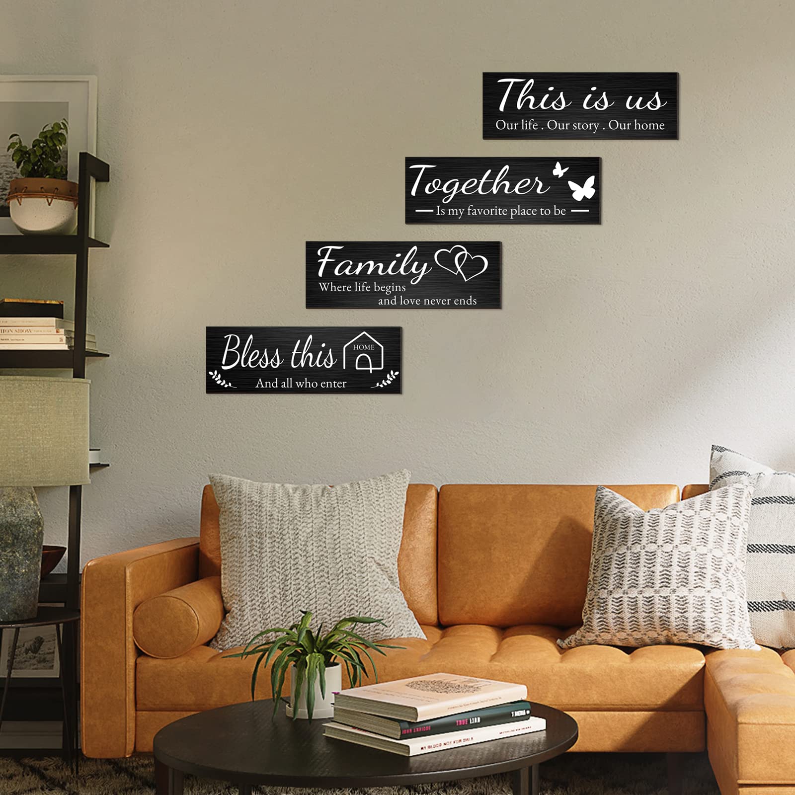 4 Pieces Home Wall Signs, THIS IS US/TOGETHER/BLESS THIS HOME/FAMILY Wall Decor For Living Room Bedroom, Rustic Wooden Farmhouse Wall Art , 4.7 x 13.8 Inch(Brown)
