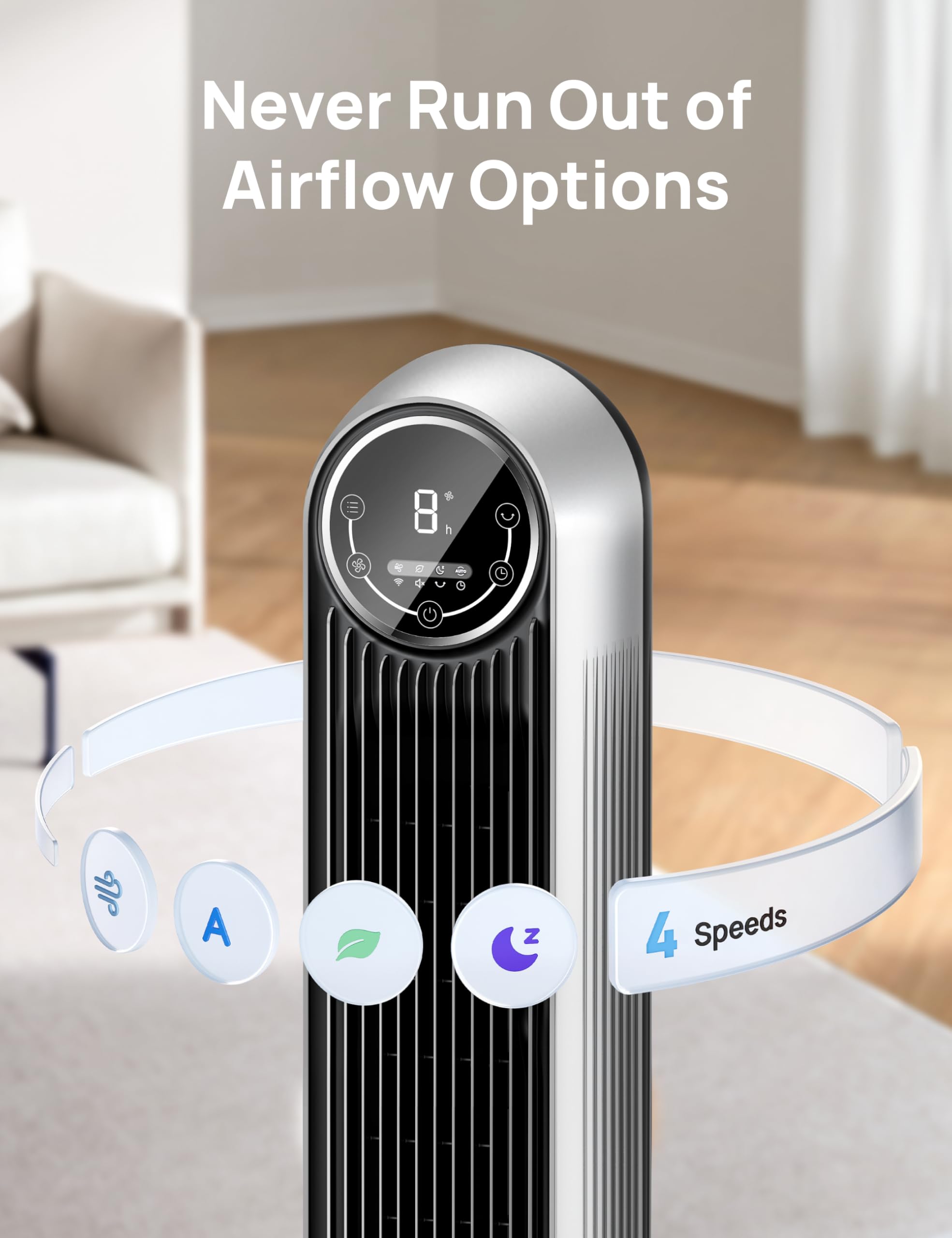 DREO Tower Fan for Bedroom, 2026 Upgraded DC Motor, 28ft/s High Velocity, 20dB Ultra Quiet Standing Fan, 8 Speeds 4 Modes, 90° Oscillating Bladeless Fan for Indoors, Floor Fans with Remote, Black