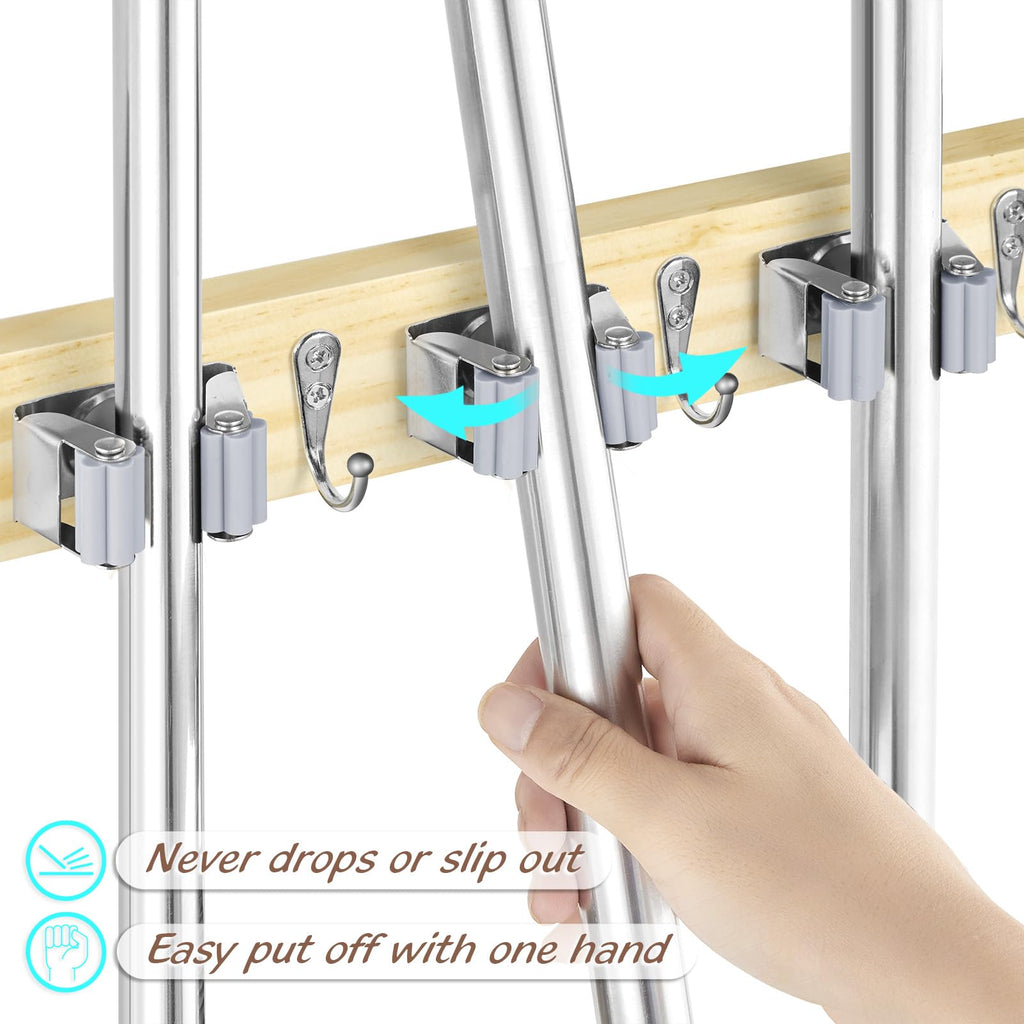 Mop and Broom Holder Wall Mount - Rustic Wood Broom Mop Hanger - Wall Mounted Garden Tool Rack Organizer for Closet Garage Laundry Room Kitchen Decor With 4 Slots & 4 Hooks