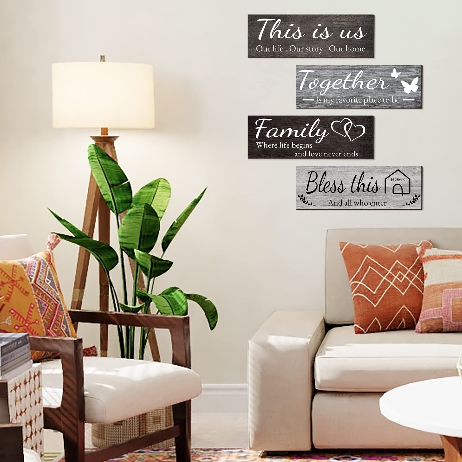 4 Pieces Home Wall Signs, THIS IS US/TOGETHER/BLESS THIS HOME/FAMILY Wall Decor For Living Room Bedroom, Rustic Wooden Farmhouse Wall Art , 4.7 x 13.8 Inch(Brown)