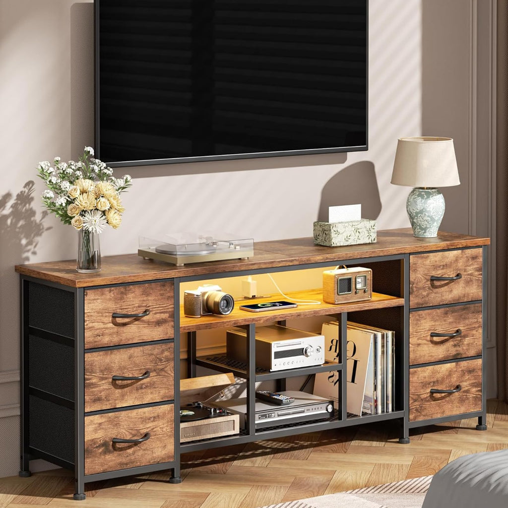 Furologee LED TV Stand for 65, 70 Inch TV, 63 Inch Entertainment Center with Power Outlets, 6 Fabric Drawers Dresser for Bedroom, Media Console with Open Shelves, Rustic Brown