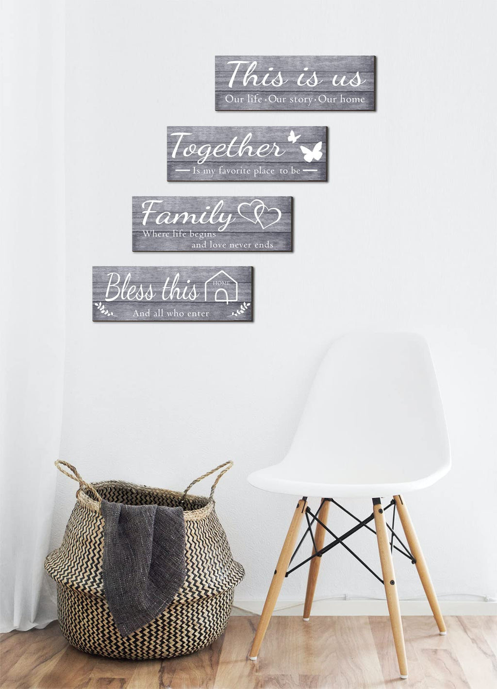 4 Pieces Home Wall Signs, THIS IS US/TOGETHER/BLESS THIS HOME/FAMILY Wall Decor For Living Room Bedroom, Rustic Wooden Farmhouse Wall Art , 4.7 x 13.8 Inch(Brown)