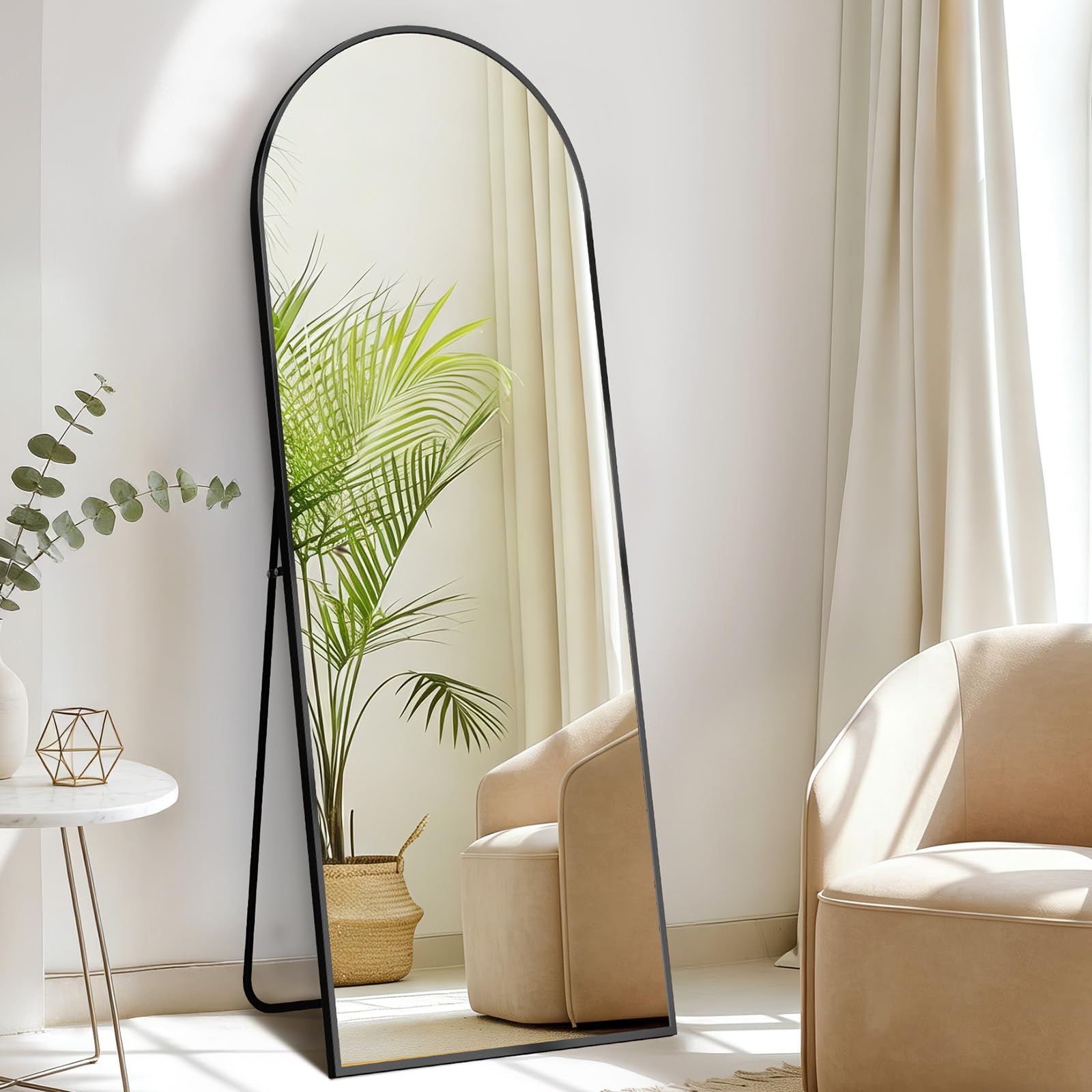 DUMOS Arched Full Length Mirror with Stand 64"x21" Floor Standing Aluminum Frame for Bedroom Body Hanging Leaning Modern Simple Home Decor Shatter-proorf Nano Glass Wall Living Room Cloakroom Black