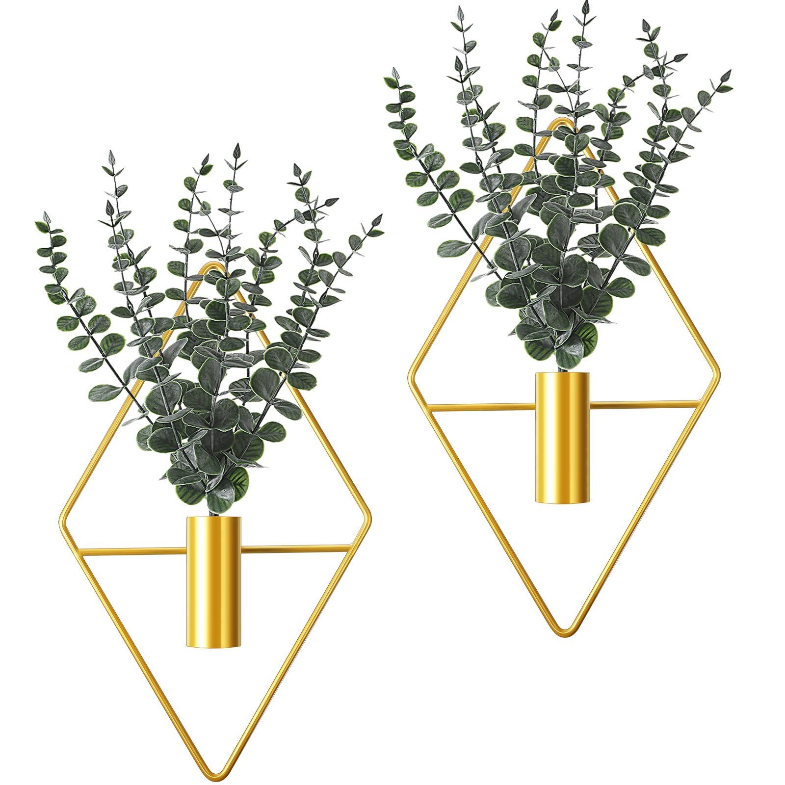 Jexine 4 Pcs Hanging Planters with Artificial Eucalyptus Metal Hanging Vase Indoor Plants Holder Modern Geometric Boho Bathroom Wall Decor for Living Room Home Office(Black)