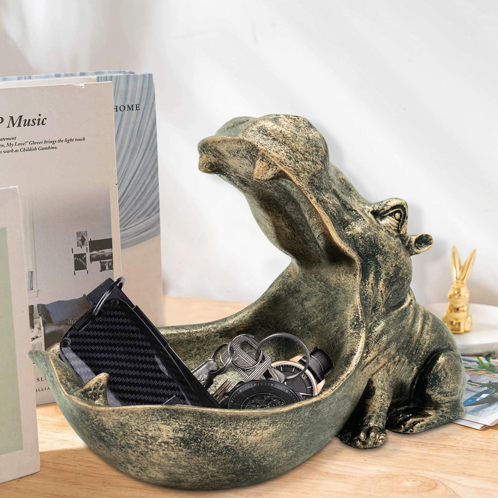 aboxoo Hippo Statue,Large Hippopotamus Figurine Home Sculpture with Resin, Hippo Candy Jar, Candy Dish Bowl for Office Desk, Key Bowl for Entryway Table,Container Storage Art Decor Box(Dark Blue)