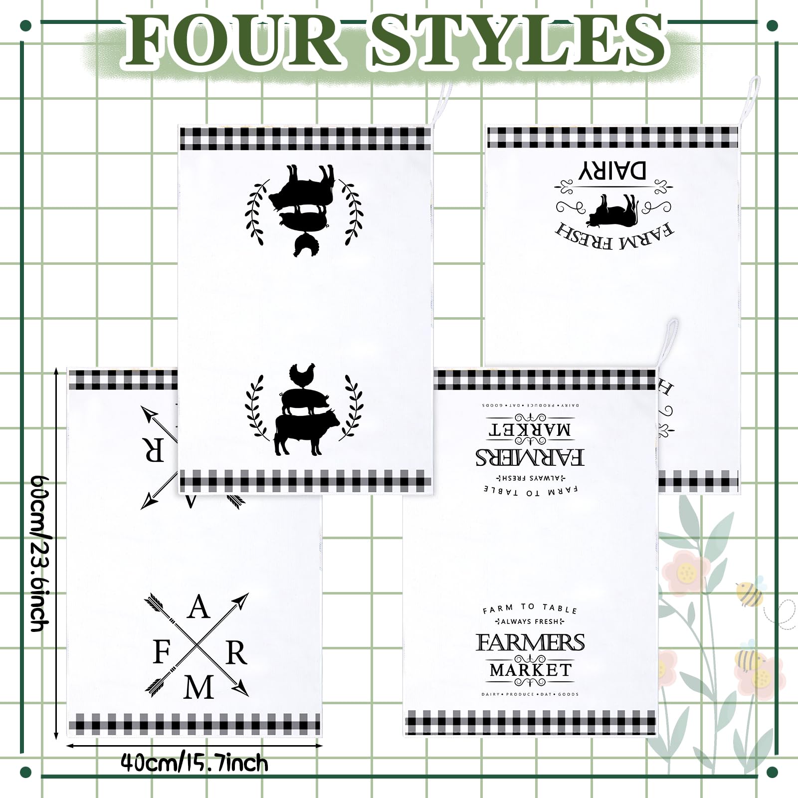 Geyoga 4 Pcs Chicken Kitchen Towels Rooster Dish Hand Towels Farm Animal Cow Vintage Rustic Tea Cloth for Spring Easter Bathroom Farmhouse Decor Gifts, 16 x 24 Inch(Classic Color,Rooster)