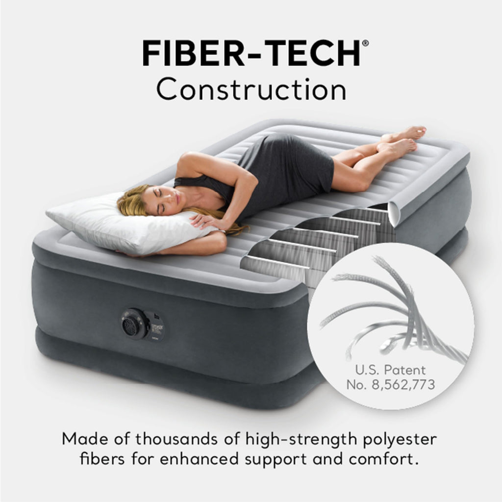 Intex 67765ED Dura-Beam Deluxe Comfort-Plush Mid-Rise Air Mattress : Fiber-Tech – Twin Size – Built-in Electric Pump – 13in Bed Height – 300lb Weight Capacity