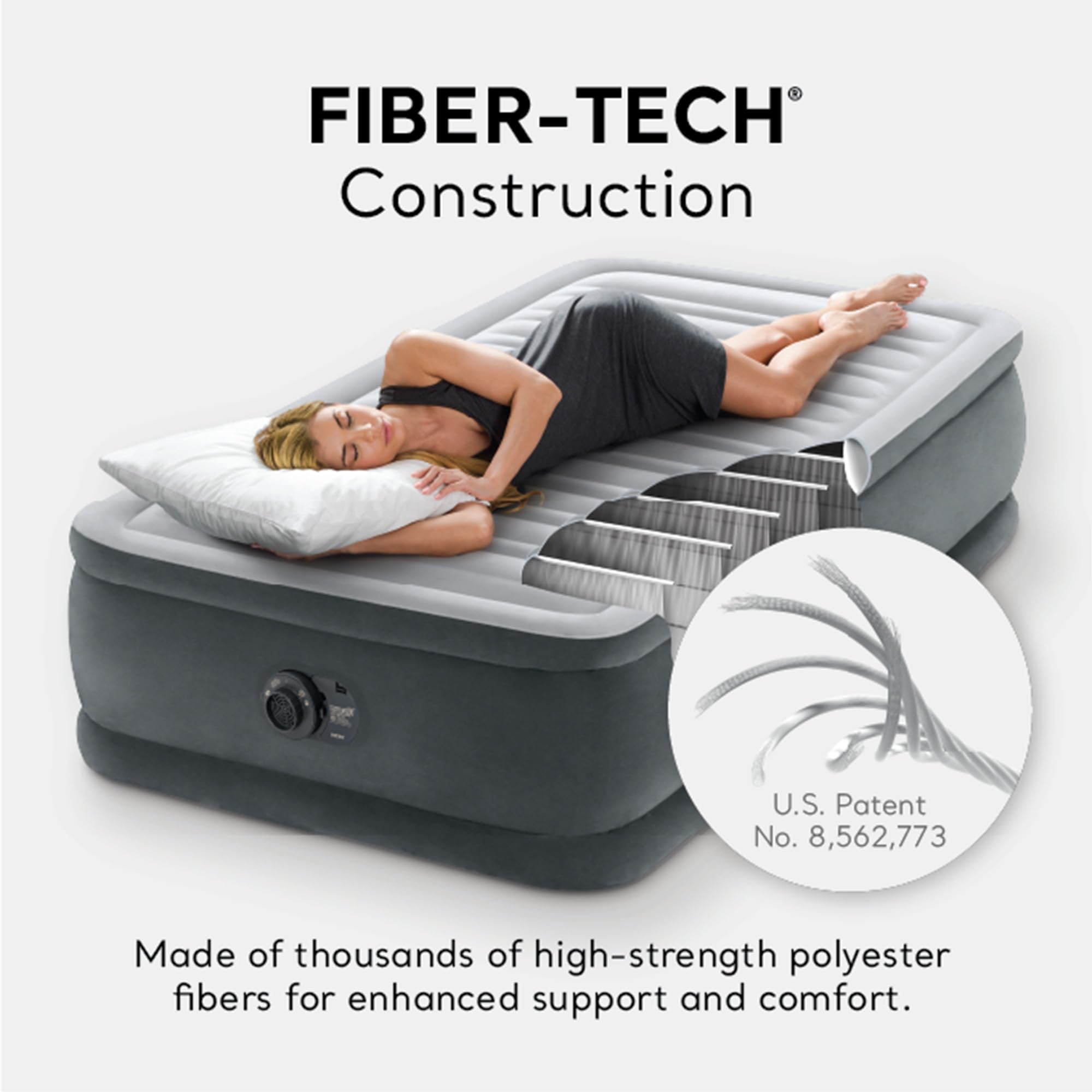 Intex 67765ED Dura-Beam Deluxe Comfort-Plush Mid-Rise Air Mattress : Fiber-Tech – Twin Size – Built-in Electric Pump – 13in Bed Height – 300lb Weight Capacity