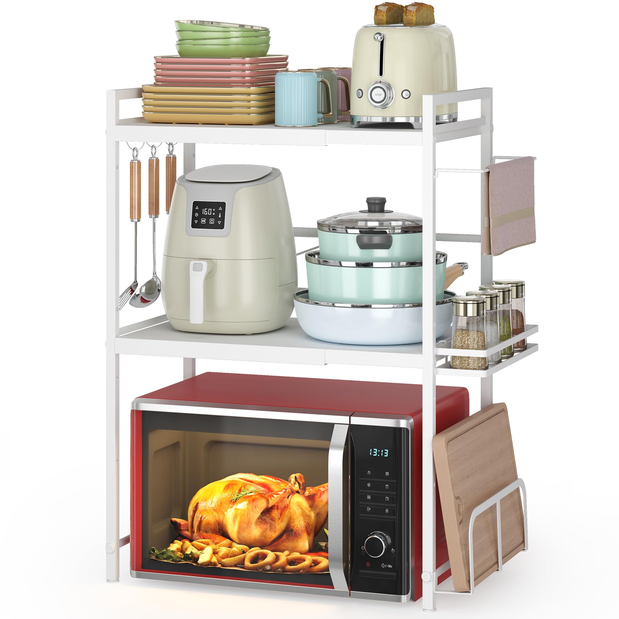 DOLALIKE Microwave Oven Rack, Expandable Microwave Stand Countertop Kitchen Utensils Tableware Storage, Carbon Steel Over Microwave Shelf Countertop with 3 Hooks