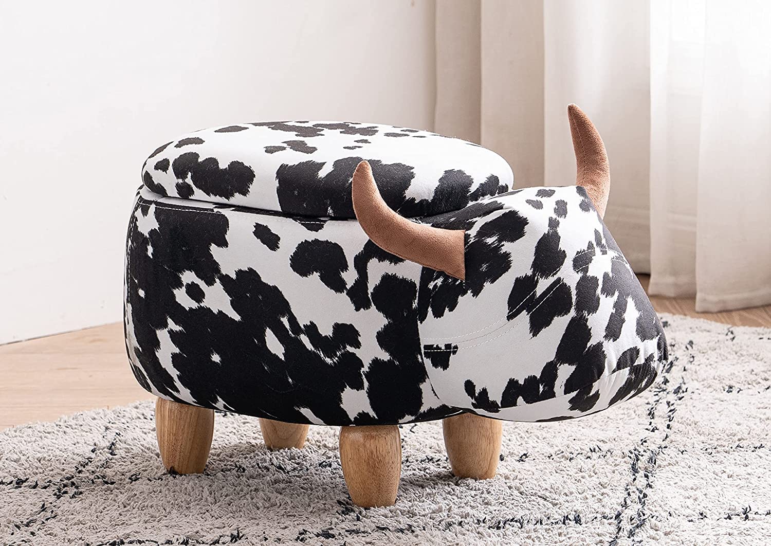 Home 2 Office Cow Ottoman for Kids' Bedroom, Playroom, Nursery, and Living Room, Animal Ottoman with Storage, Footstool for Kids, Black/White
