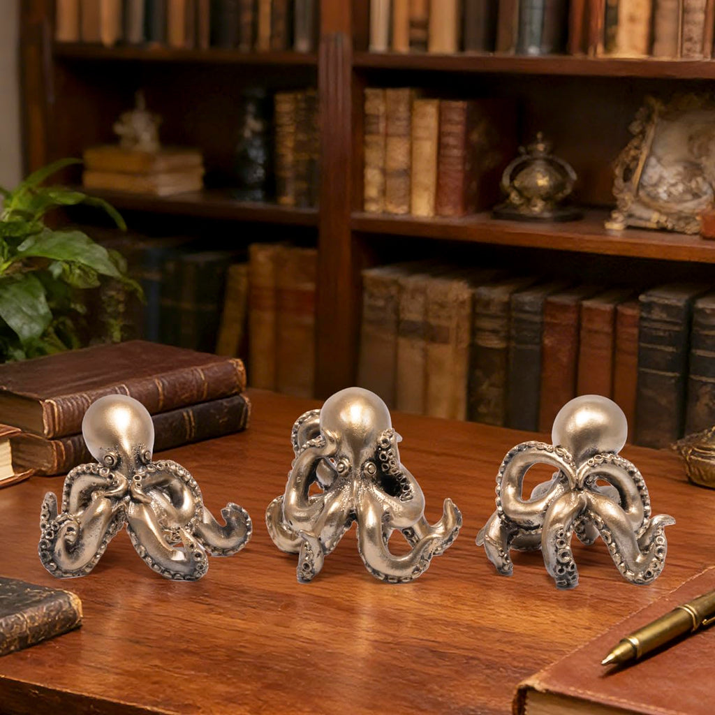 Hodao Octopus Figurines, See No Evil Hear No Evil Speak No Evil Octopus Statues, Cute Resin Octopus Decor for Home Office Desk Shelf, Unique Gift for Animal Lovers & Zen Decor Enthusiasts (Blue)