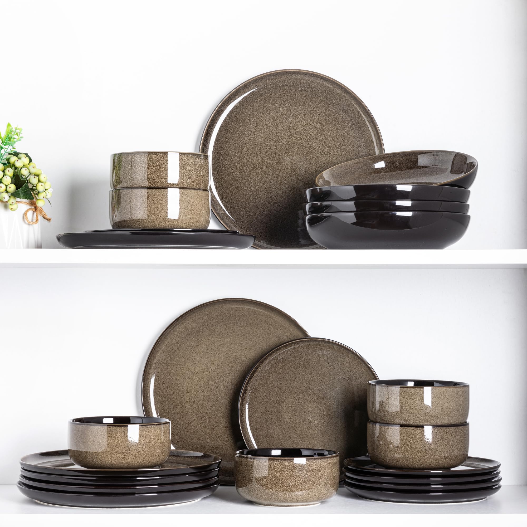 LERATIO Ceramic Dinnerware Sets for 8,Plates and Bowls Sets,Reactive Glaze Dishes Set,Highly Chip and Crack Resistant | Dishwasher & Microwave & Oven Safe Dishes set,Service for 8-Kahki (24pc)