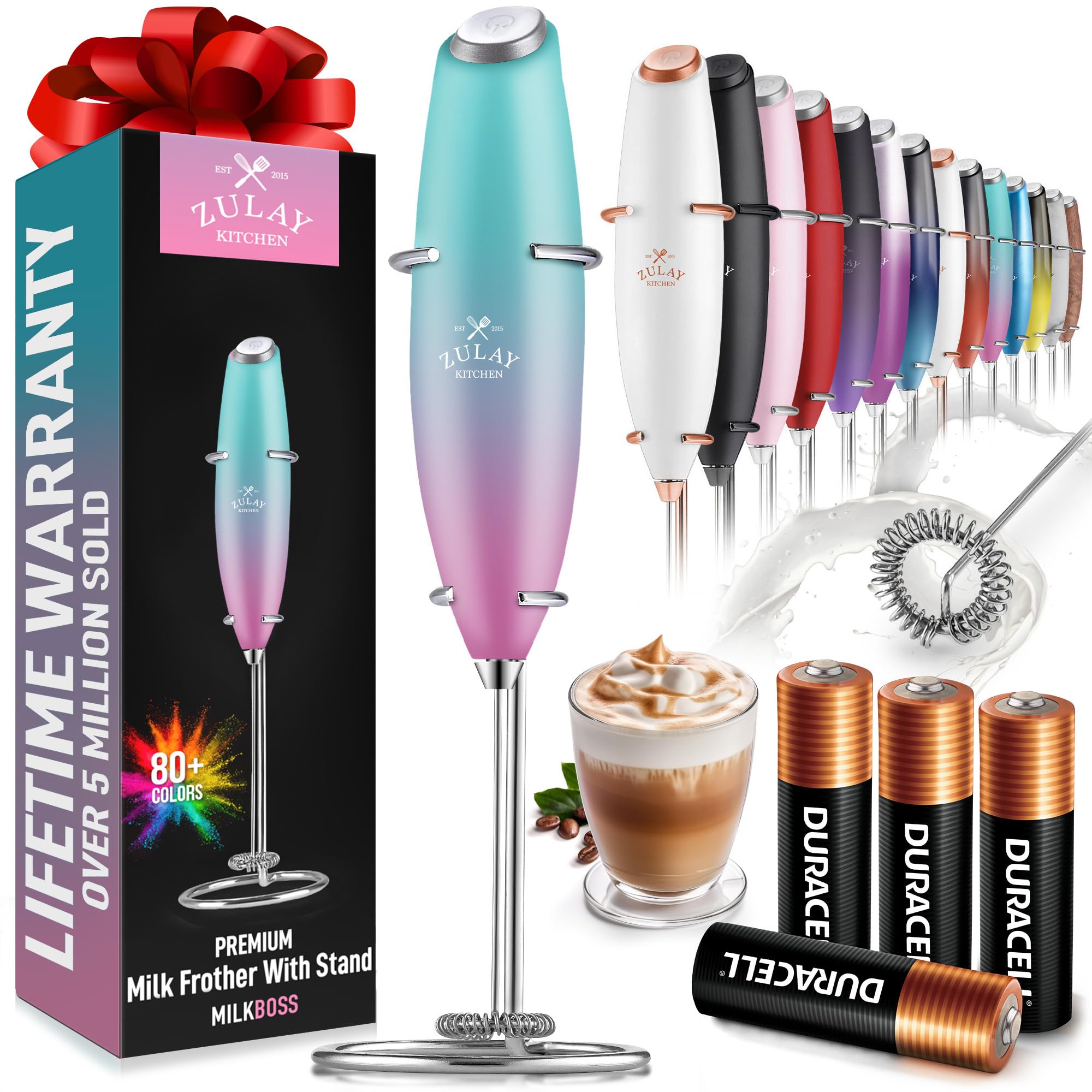 Zulay Kitchen Powerful Milk Frother Wand With 2 Duracell Batteries - Ultra Fast Handheld Drink Mixer - Electric Whisk Foam Maker for Coffee, Lattes, Cappuccino, Matcha, Hot Chocolate & Creamer - Black
