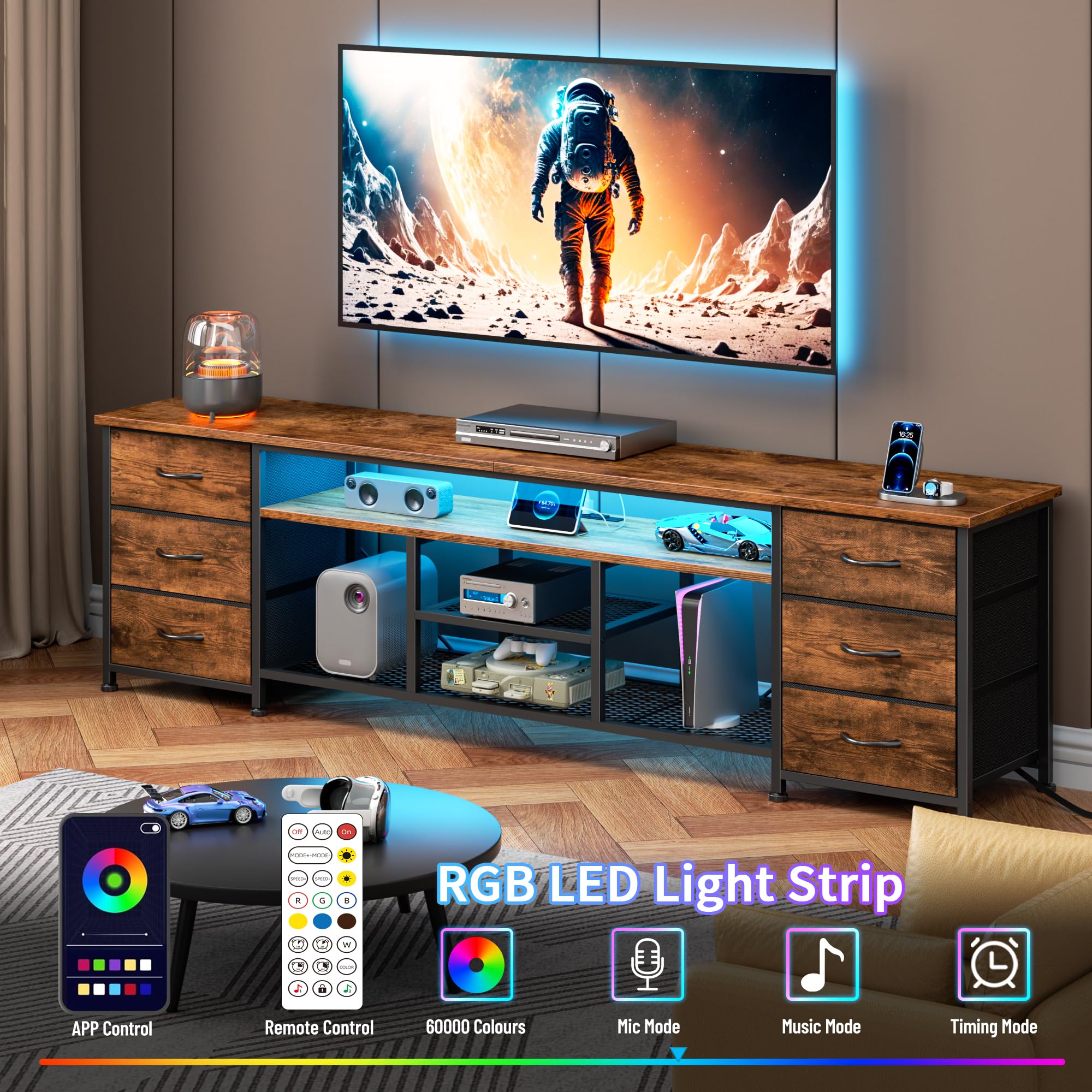 Furologee LED TV Stand for 65, 70 Inch TV, 63 Inch Entertainment Center with Power Outlets, 6 Fabric Drawers Dresser for Bedroom, Media Console with Open Shelves, Rustic Brown