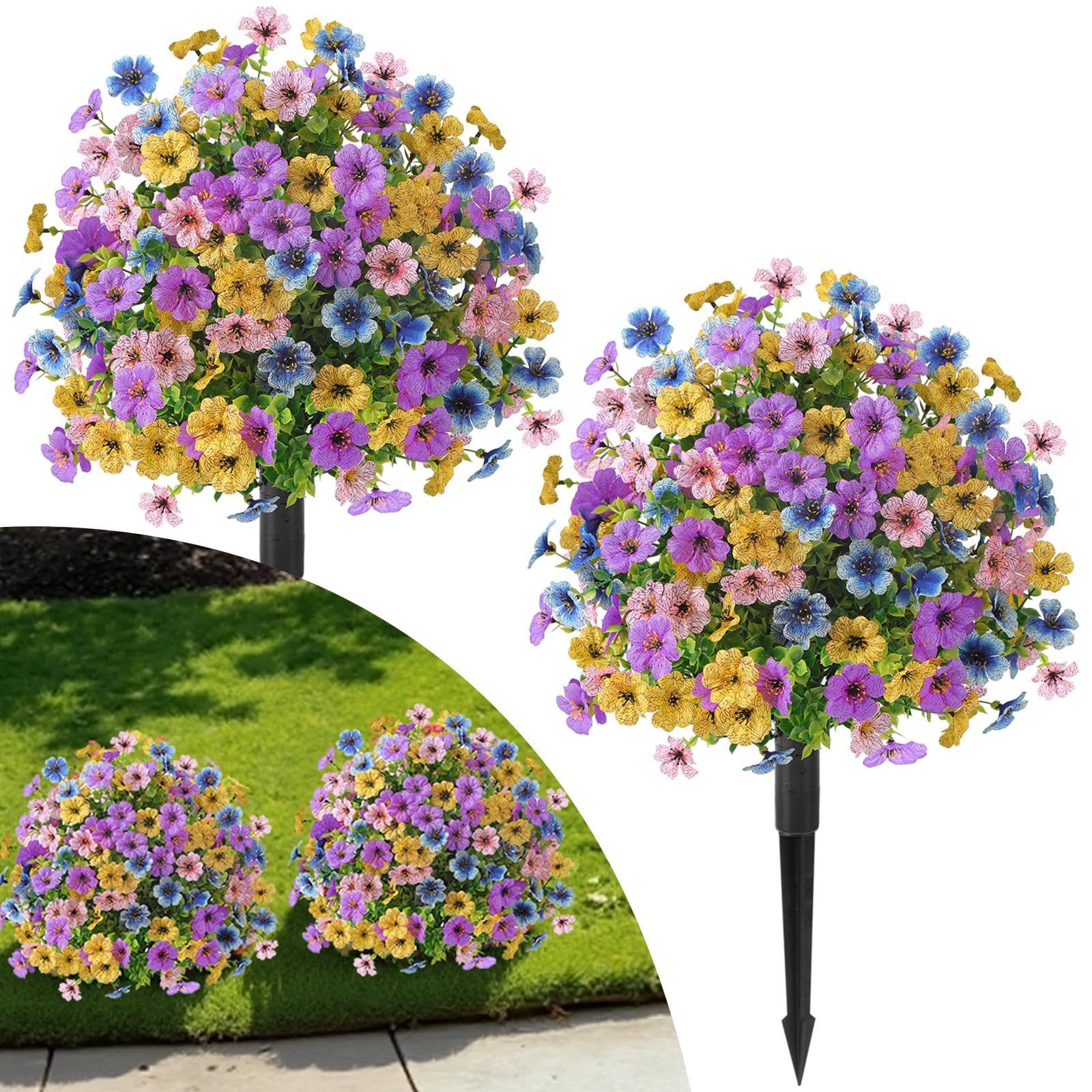 Alupssuc 2Pcs 20" Artificial Topiary Ball Flowers For Outdoors Planters, Spring Decoration with Spike, UV Resistant Faux Summer Plants, Fake Bushes Indoor Decor, Mix 4 Colors for Garden, Porch & Patio