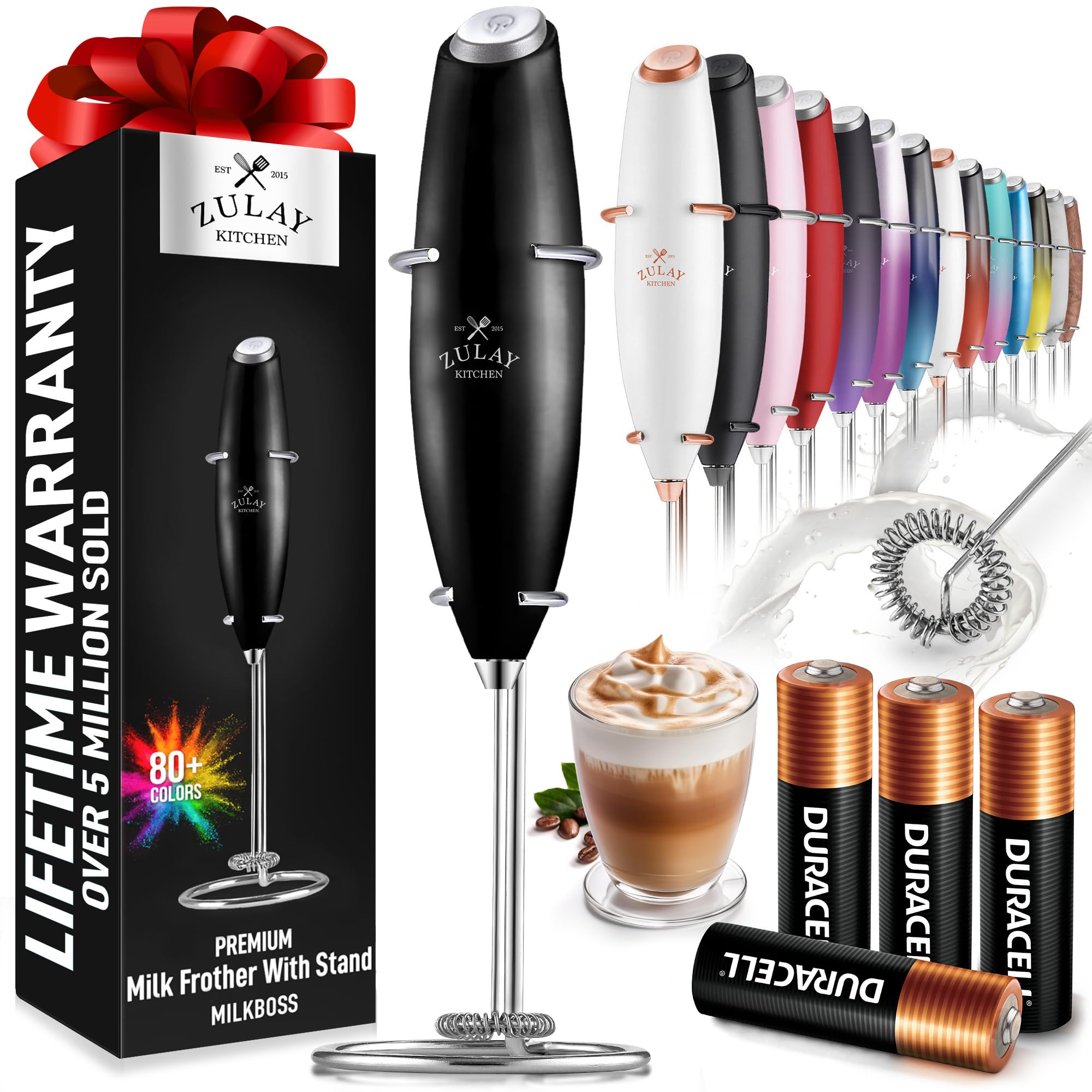 Zulay Kitchen Powerful Milk Frother Wand With 2 Duracell Batteries - Ultra Fast Handheld Drink Mixer - Electric Whisk Foam Maker for Coffee, Lattes, Cappuccino, Matcha, Hot Chocolate & Creamer - Black