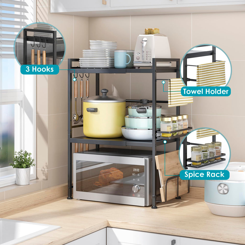 DOLALIKE Microwave Oven Rack, Expandable Microwave Stand Countertop Kitchen Utensils Tableware Storage, Carbon Steel Over Microwave Shelf Countertop with 3 Hooks
