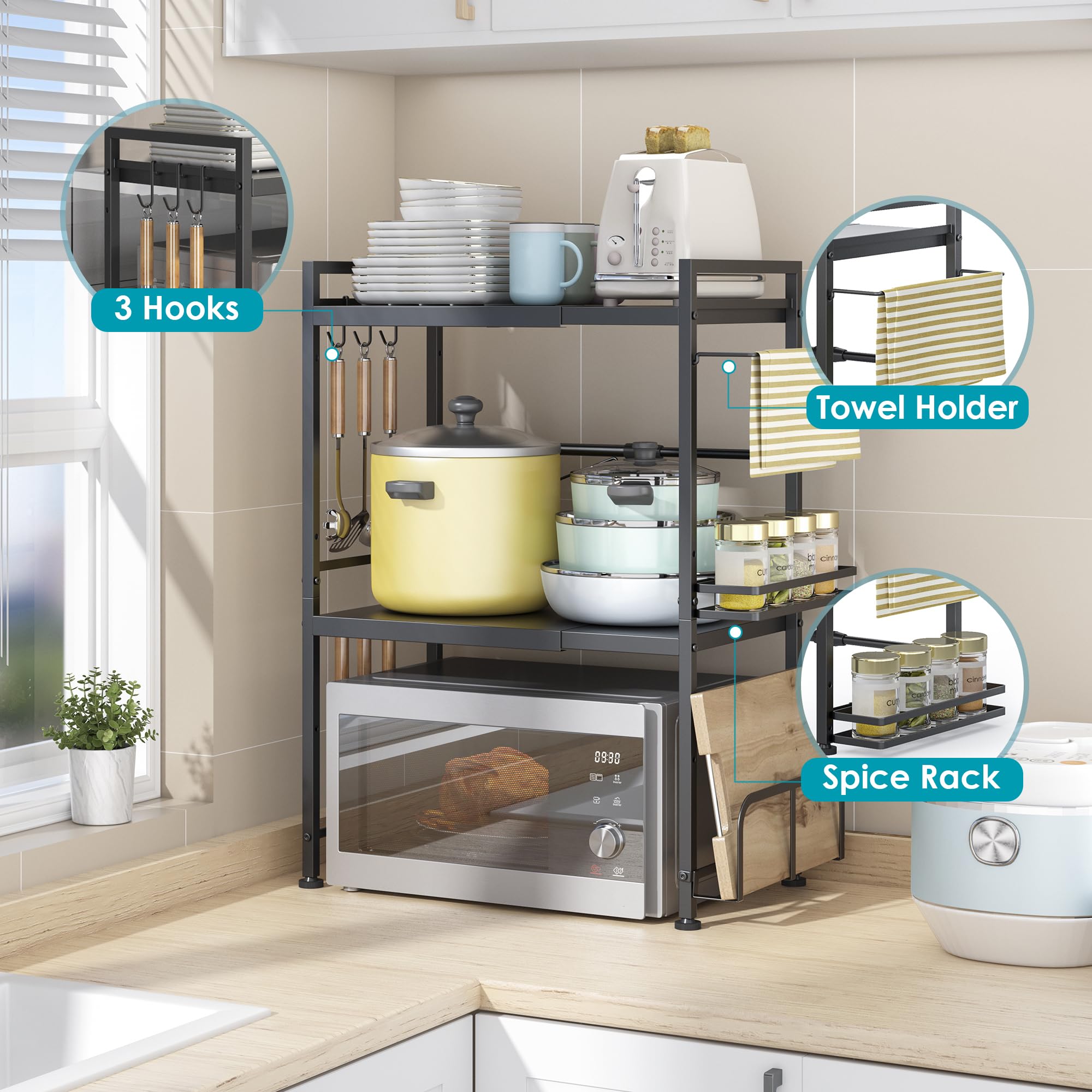 DOLALIKE Microwave Oven Rack, Expandable Microwave Stand Countertop Kitchen Utensils Tableware Storage, Carbon Steel Over Microwave Shelf Countertop with 3 Hooks