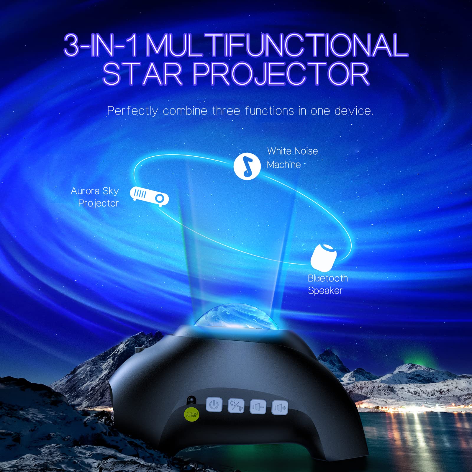 Northern Galaxy Aurora Projector – 33 Dynamic Light Effects, LED Star & Nebula Night Light with Remote Control, White Noise Sounds, and Bluetooth Speaker for Bedroom & Parties