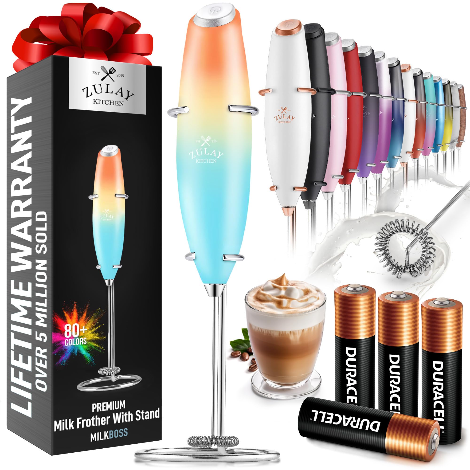 Zulay Kitchen Powerful Milk Frother Wand With 2 Duracell Batteries - Ultra Fast Handheld Drink Mixer - Electric Whisk Foam Maker for Coffee, Lattes, Cappuccino, Matcha, Hot Chocolate & Creamer - Black