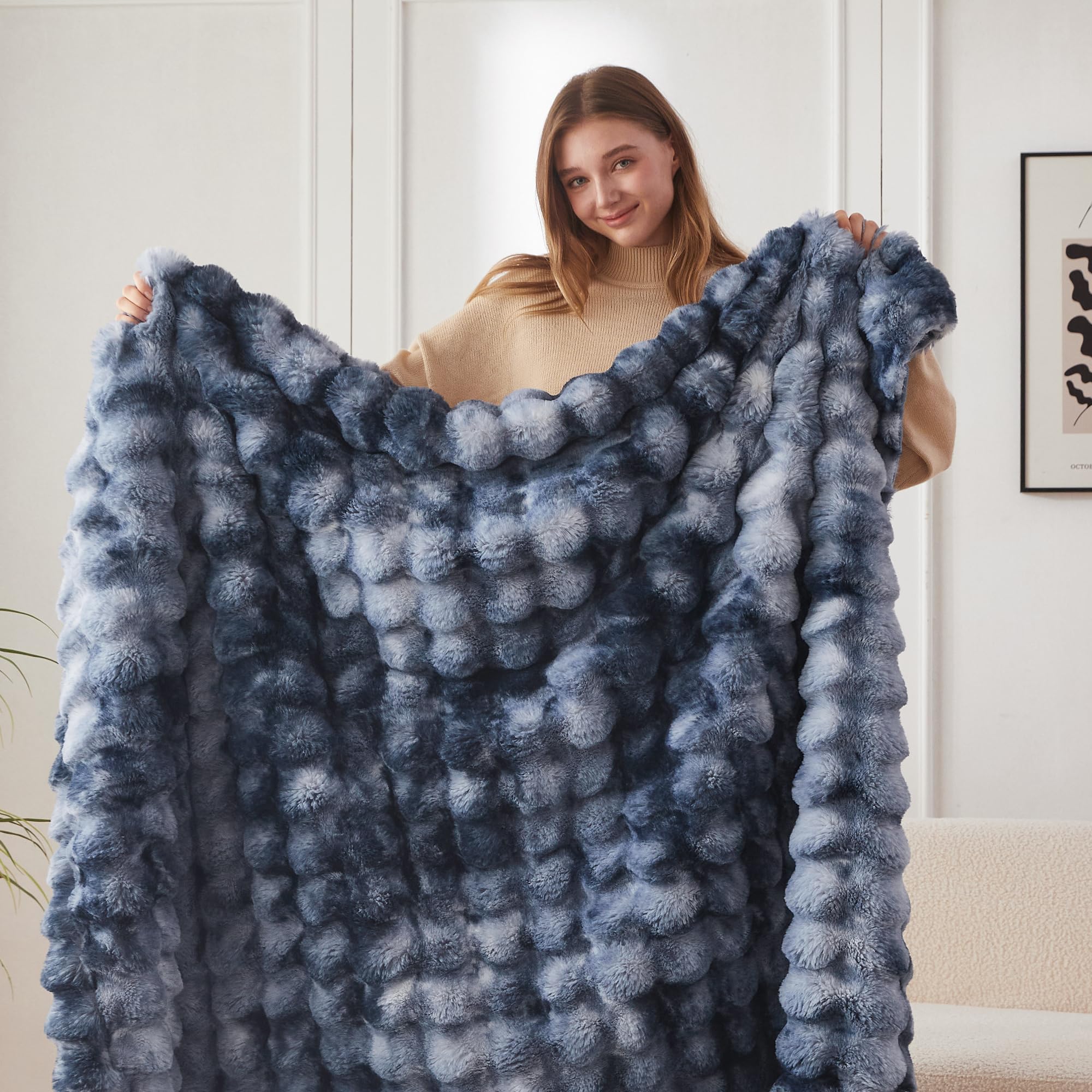 COOVA Faux Fur Throw Blanket for Couch, Cozy Soft and Fuzzy Plush Rabbit Fur Bubble Blanket for Sofa Bedroom Living Room, 50x60 Inches Tie Dye Brown