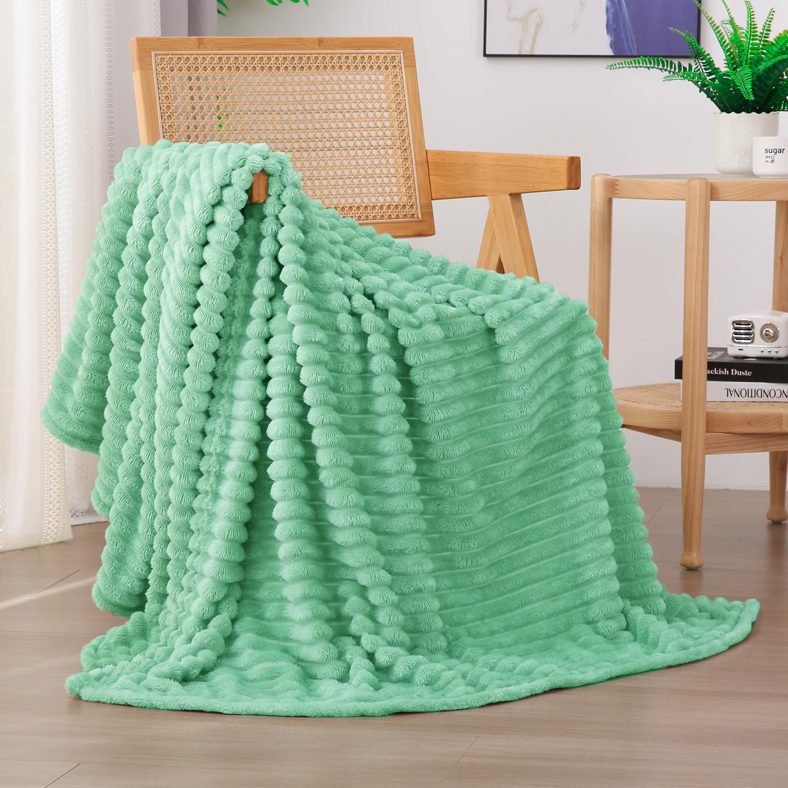Sage Green Fleece Throw Blanket 50”×60” for Couch Sofa Bed,Super Soft Cozy Plush Microfiber Flannel Blanket with Stripes Design Lightweight for Adults,Woman,Girls