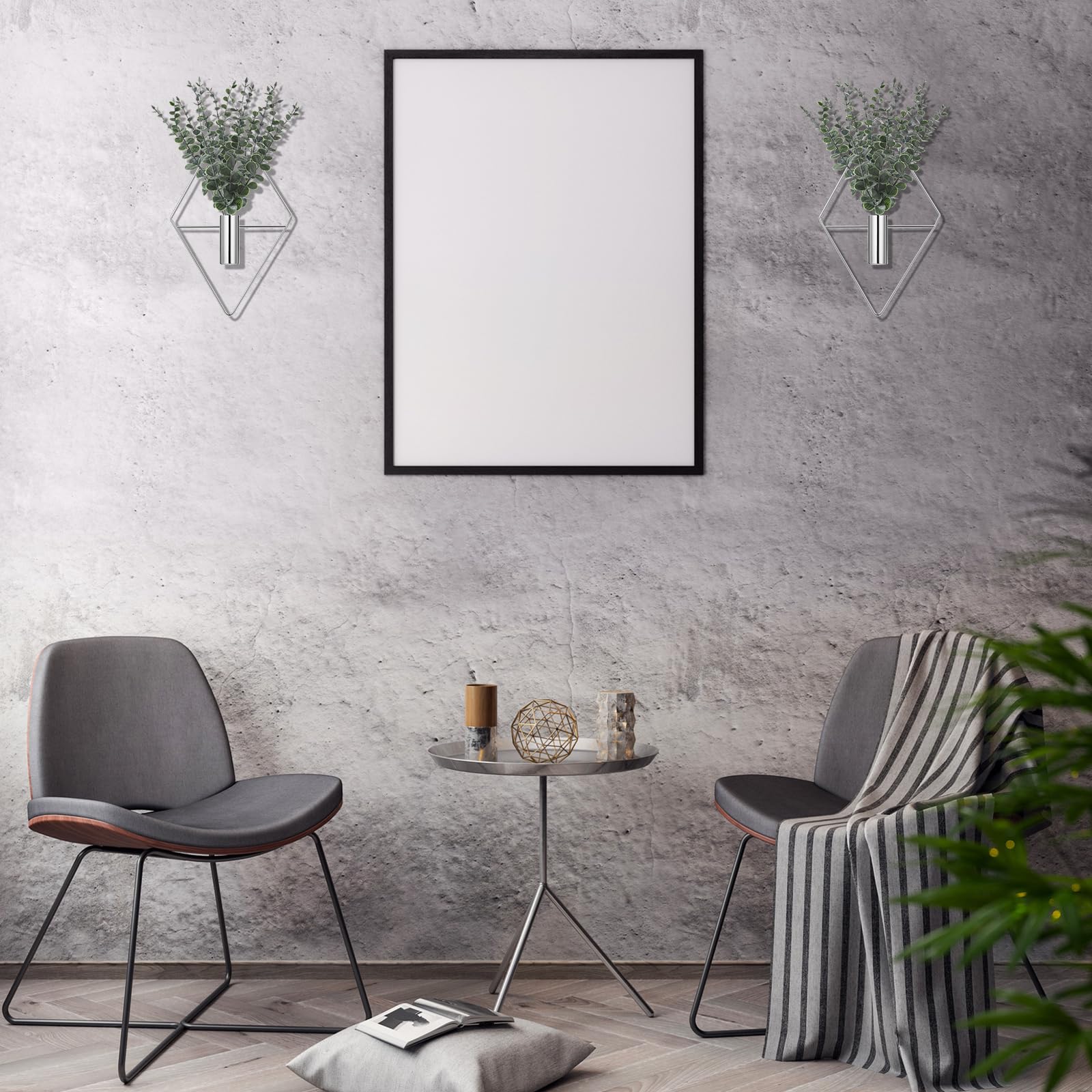 Jexine 4 Pcs Hanging Planters with Artificial Eucalyptus Metal Hanging Vase Indoor Plants Holder Modern Geometric Boho Bathroom Wall Decor for Living Room Home Office(Black)