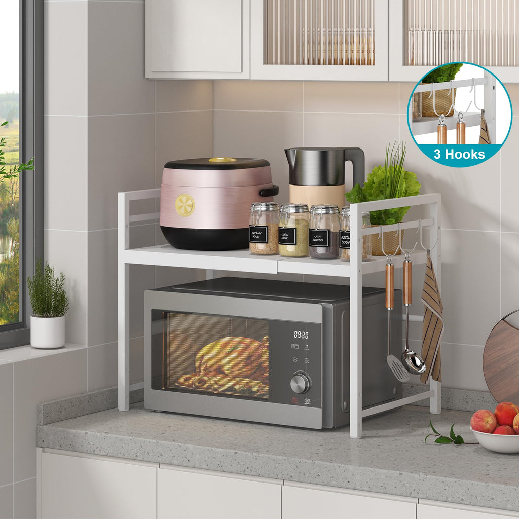 DOLALIKE Microwave Oven Rack, Expandable Microwave Stand Countertop Kitchen Utensils Tableware Storage, Carbon Steel Over Microwave Shelf Countertop with 3 Hooks