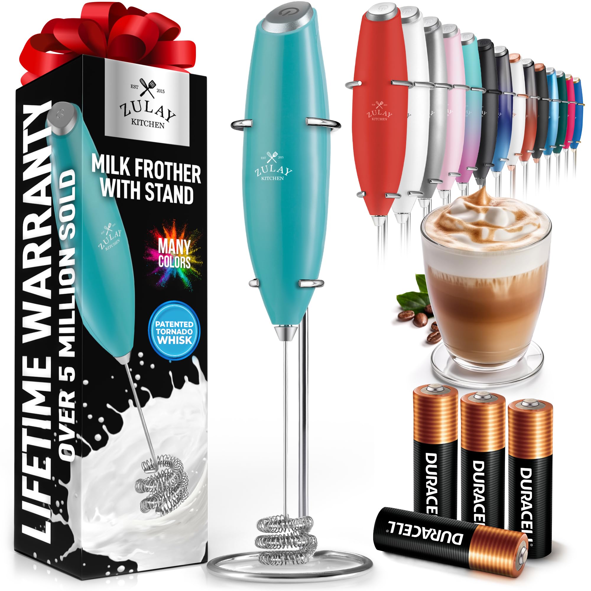 Zulay Kitchen Powerful Milk Frother Wand With 2 Duracell Batteries - Ultra Fast Handheld Drink Mixer - Electric Whisk Foam Maker for Coffee, Lattes, Cappuccino, Matcha, Hot Chocolate & Creamer - Black