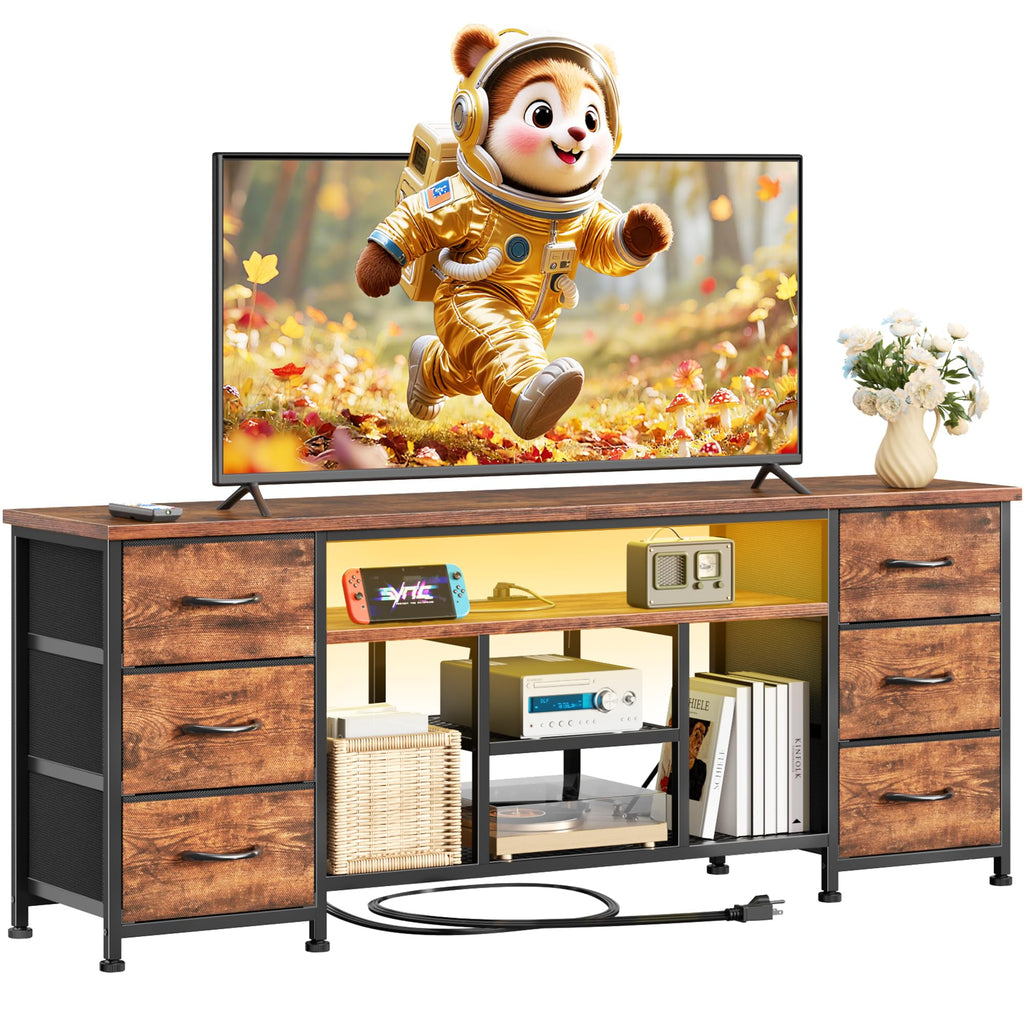 Furologee LED TV Stand for 65, 70 Inch TV, 63 Inch Entertainment Center with Power Outlets, 6 Fabric Drawers Dresser for Bedroom, Media Console with Open Shelves, Rustic Brown