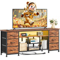 Furologee LED TV Stand for 65, 70 Inch TV, 63 Inch Entertainment Center with Power Outlets, 6 Fabric Drawers Dresser for Bedroom, Media Console with Open Shelves, Rustic Brown