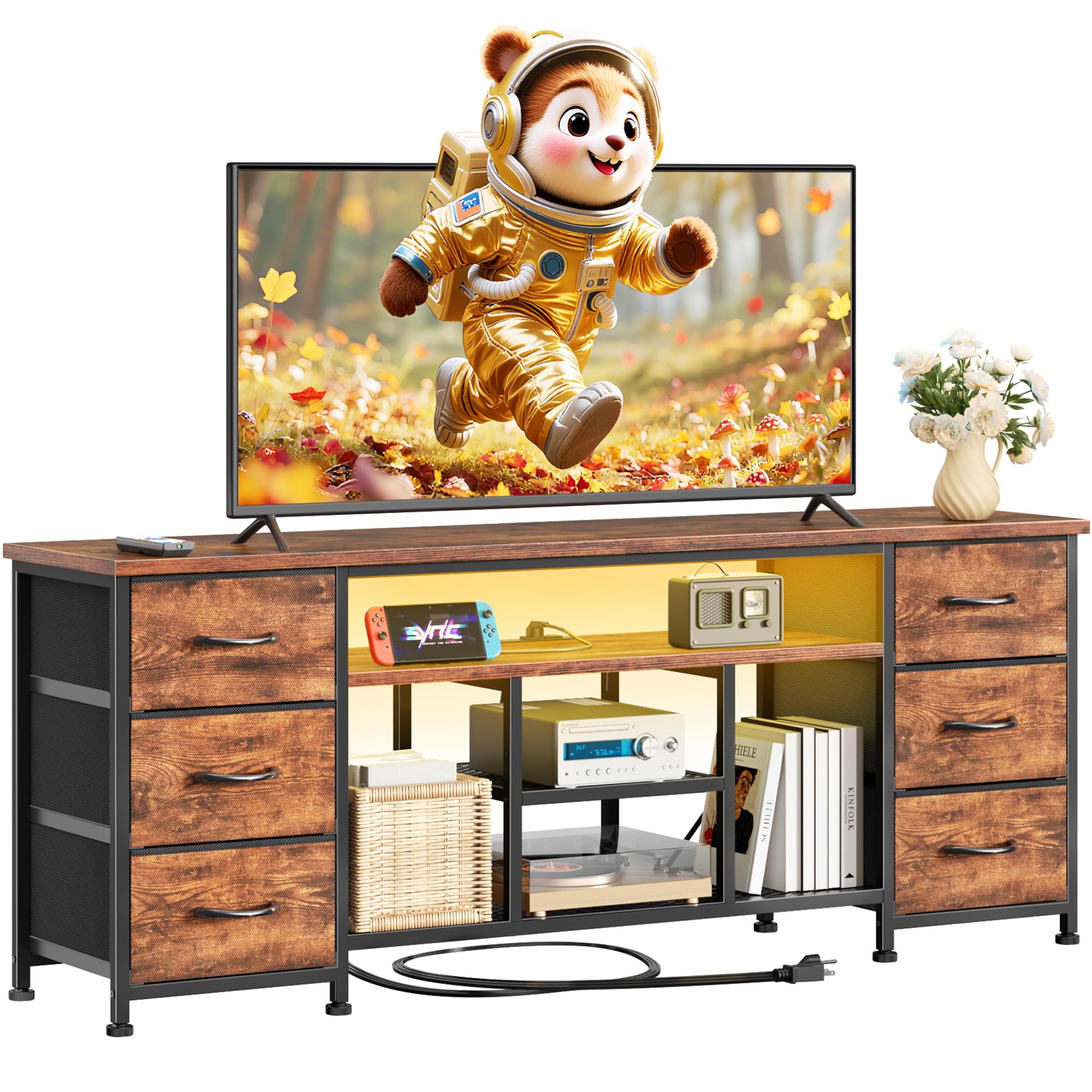 Furologee LED TV Stand for 65, 70 Inch TV, 63 Inch Entertainment Center with Power Outlets, 6 Fabric Drawers Dresser for Bedroom, Media Console with Open Shelves, Rustic Brown