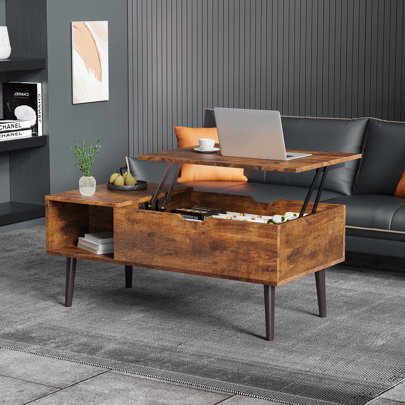 Sweetcrispy Lift Top Coffee Tables for Living Room, Small Rising Wooden Center Tables with Storage Shelf and Center Tables, with Storage Shelf.