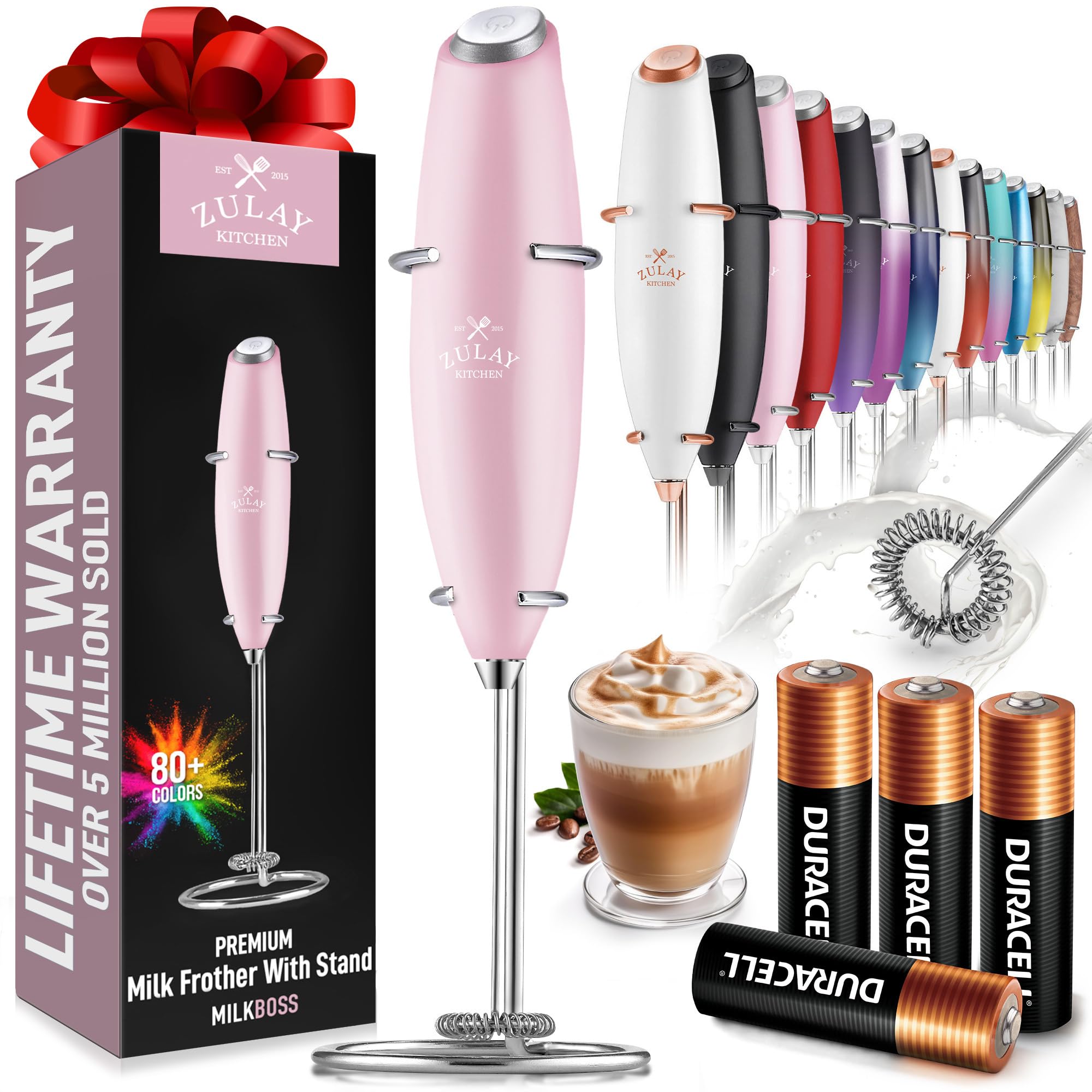 Zulay Kitchen Powerful Milk Frother Wand With 2 Duracell Batteries - Ultra Fast Handheld Drink Mixer - Electric Whisk Foam Maker for Coffee, Lattes, Cappuccino, Matcha, Hot Chocolate & Creamer - Black