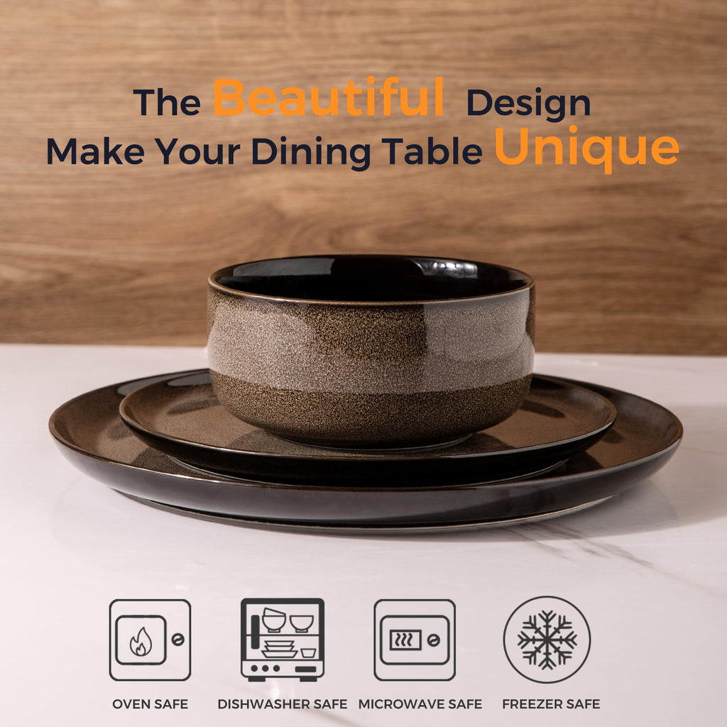 LERATIO Ceramic Dinnerware Sets for 8,Plates and Bowls Sets,Reactive Glaze Dishes Set,Highly Chip and Crack Resistant | Dishwasher & Microwave & Oven Safe Dishes set,Service for 8-Kahki (24pc)
