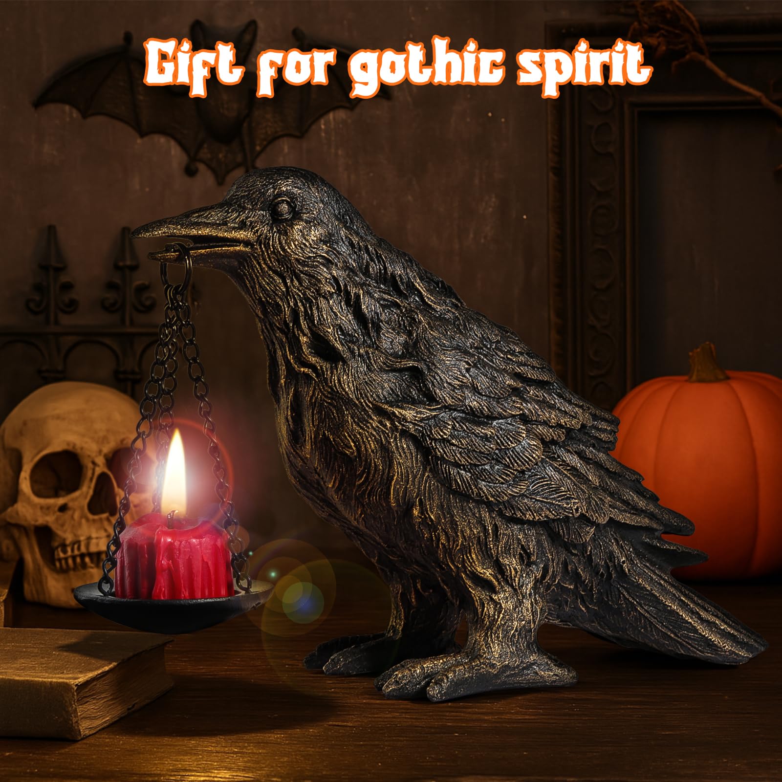 Gothic Crow Lamp with Tealight Candle Holder Resin Raven Decor Statue Gothic Home Decor for Bedroom Unique Goth Gifts Black