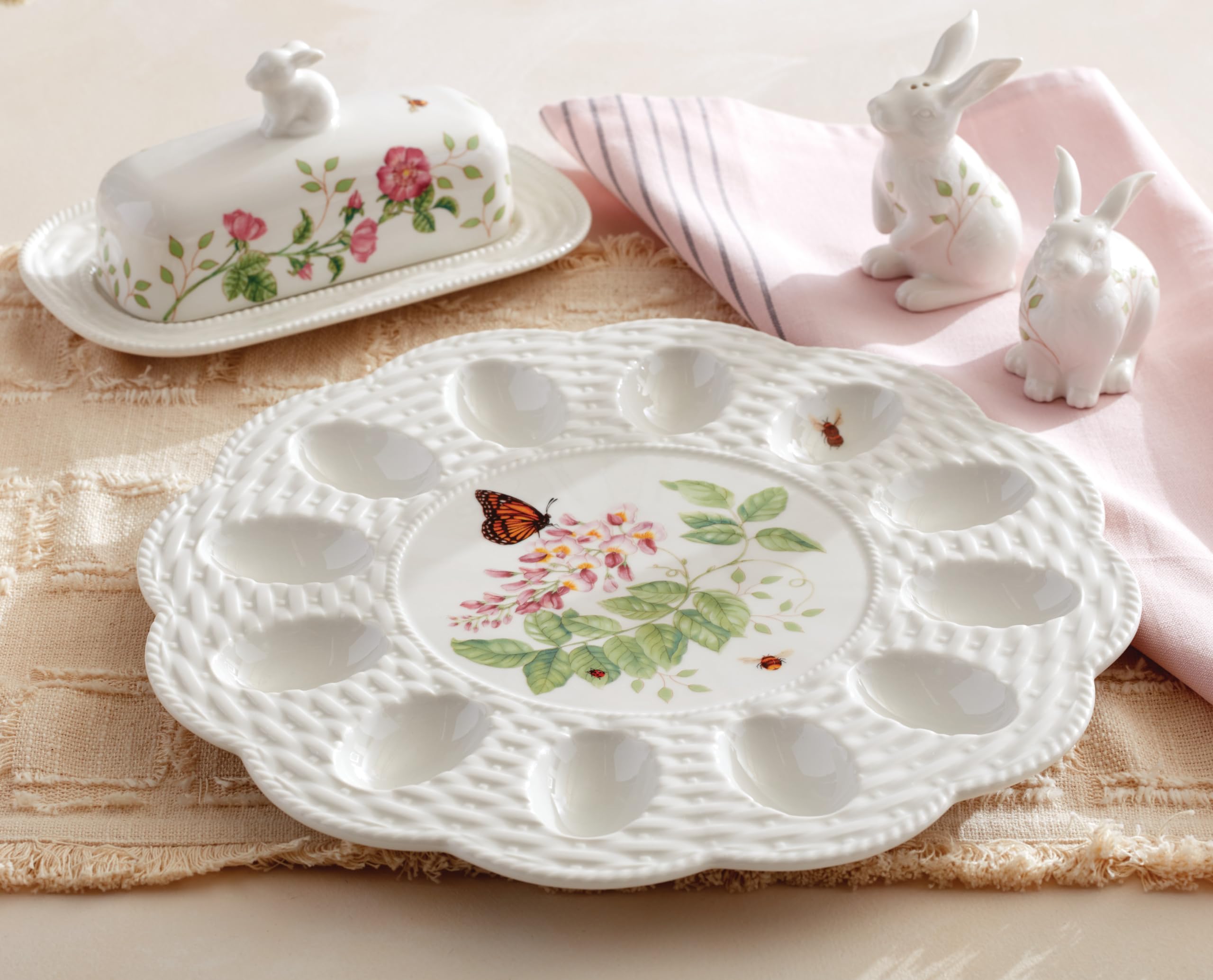 Lenox Dinnerware Set, Butterfly Meadow Bunny 16-Piece Set, Service For 4, Dishwasher Safe, Microwave Safe, Made Of Porcelain, Bowls And Mugs, Plates And Bowls, Easter Dish (Assorted, 16 Pieces)