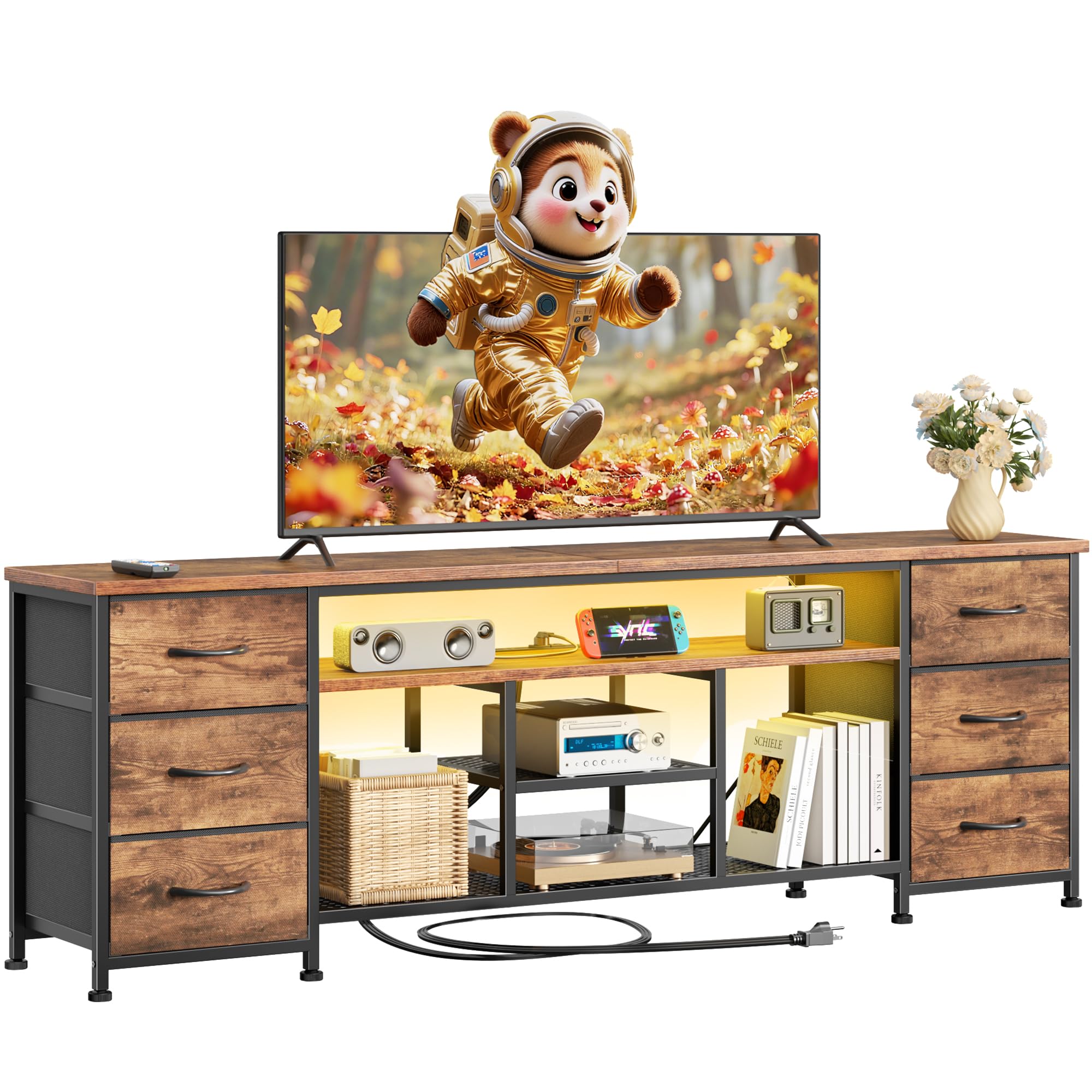 Furologee LED TV Stand for 65, 70 Inch TV, 63 Inch Entertainment Center with Power Outlets, 6 Fabric Drawers Dresser for Bedroom, Media Console with Open Shelves, Rustic Brown