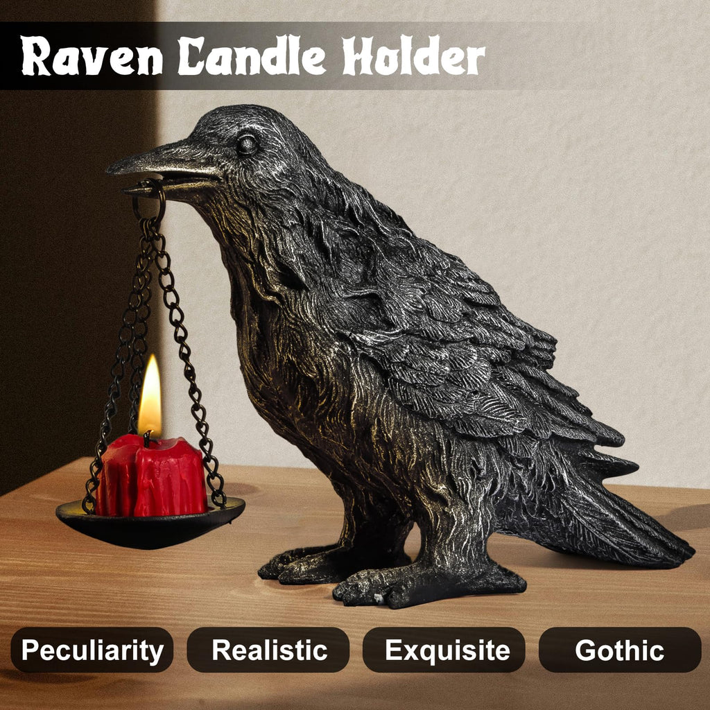 Gothic Crow Lamp with Tealight Candle Holder Resin Raven Decor Statue Gothic Home Decor for Bedroom Unique Goth Gifts Black