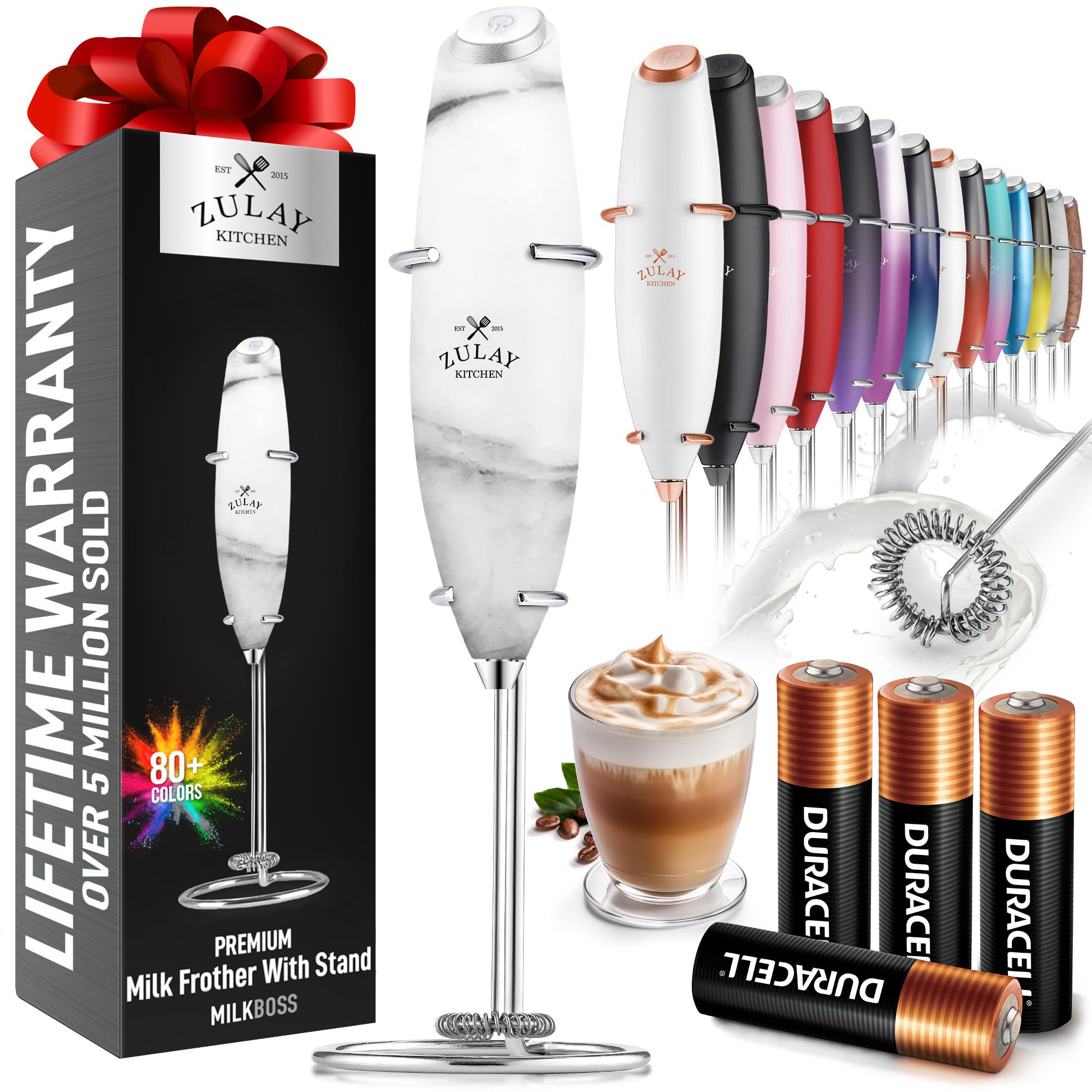 Zulay Kitchen Powerful Milk Frother Wand With 2 Duracell Batteries - Ultra Fast Handheld Drink Mixer - Electric Whisk Foam Maker for Coffee, Lattes, Cappuccino, Matcha, Hot Chocolate & Creamer - Black
