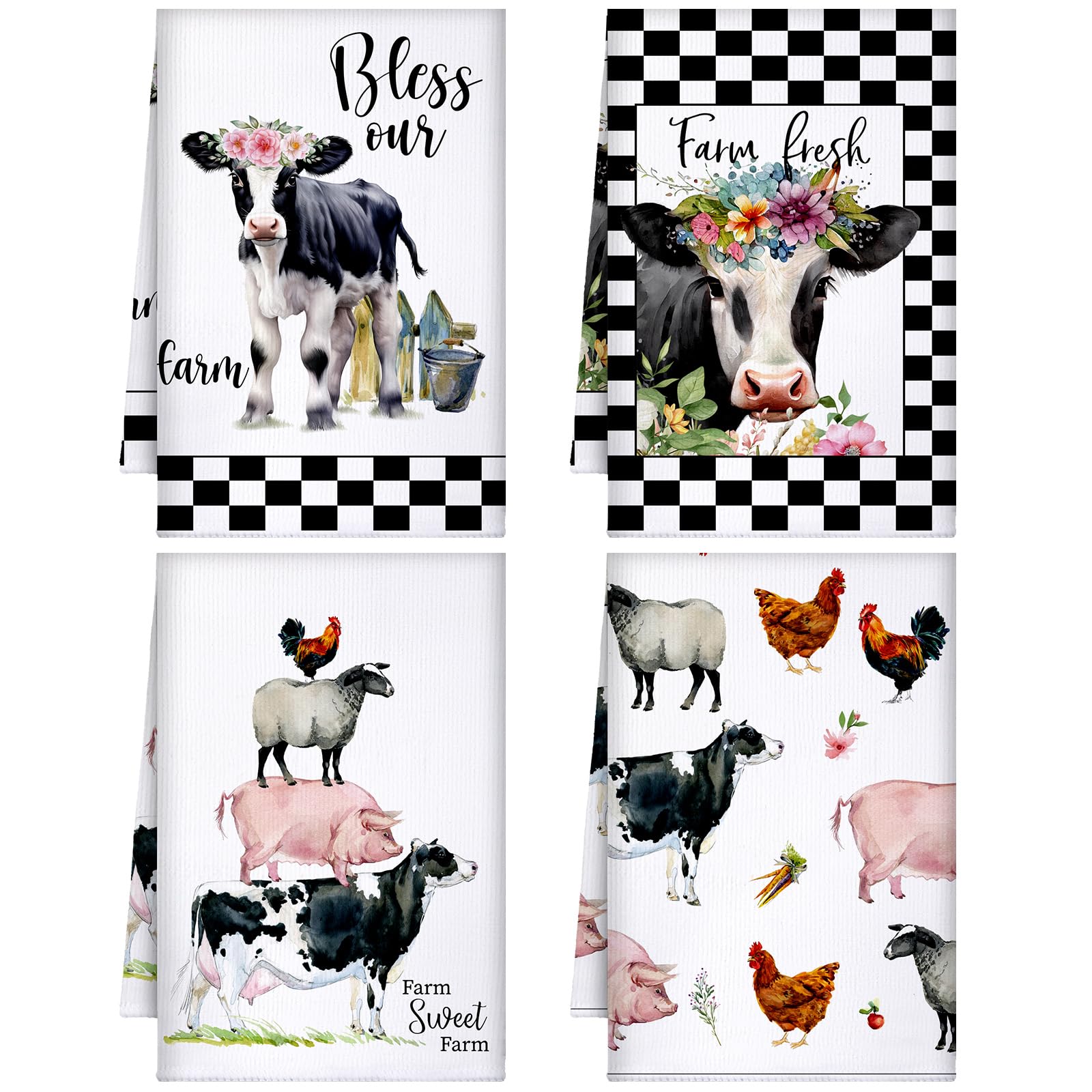 Geyoga 4 Pcs Chicken Kitchen Towels Rooster Dish Hand Towels Farm Animal Cow Vintage Rustic Tea Cloth for Spring Easter Bathroom Farmhouse Decor Gifts, 16 x 24 Inch(Classic Color,Rooster)