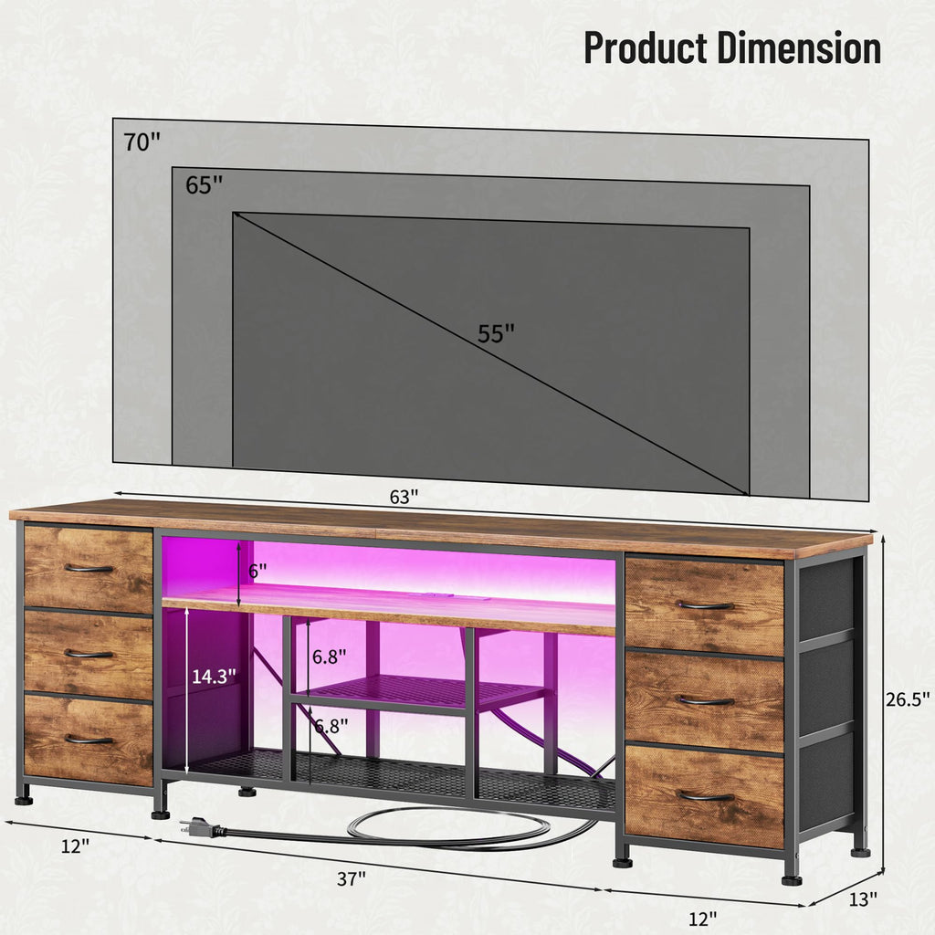 Furologee LED TV Stand for 65, 70 Inch TV, 63 Inch Entertainment Center with Power Outlets, 6 Fabric Drawers Dresser for Bedroom, Media Console with Open Shelves, Rustic Brown
