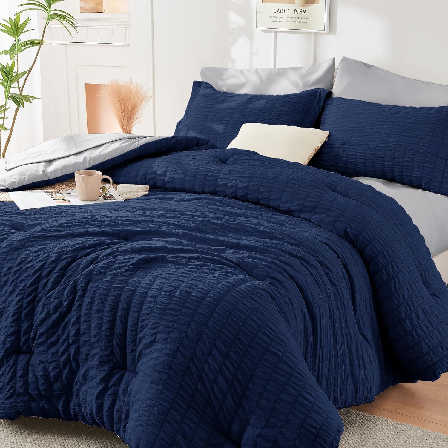 HYMOKEGE Queen Comforter Set Seersucker 7 Pieces, All Season Luxury Bed in a Bag for Bedroom, Bedding Set with Comforters, Sheets, Pillowcases & Shams, Dark Grey
