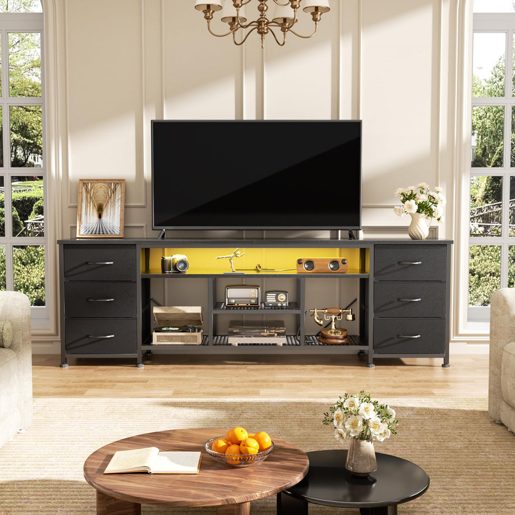 Furologee LED TV Stand for 65, 70 Inch TV, 63 Inch Entertainment Center with Power Outlets, 6 Fabric Drawers Dresser for Bedroom, Media Console with Open Shelves, Rustic Brown