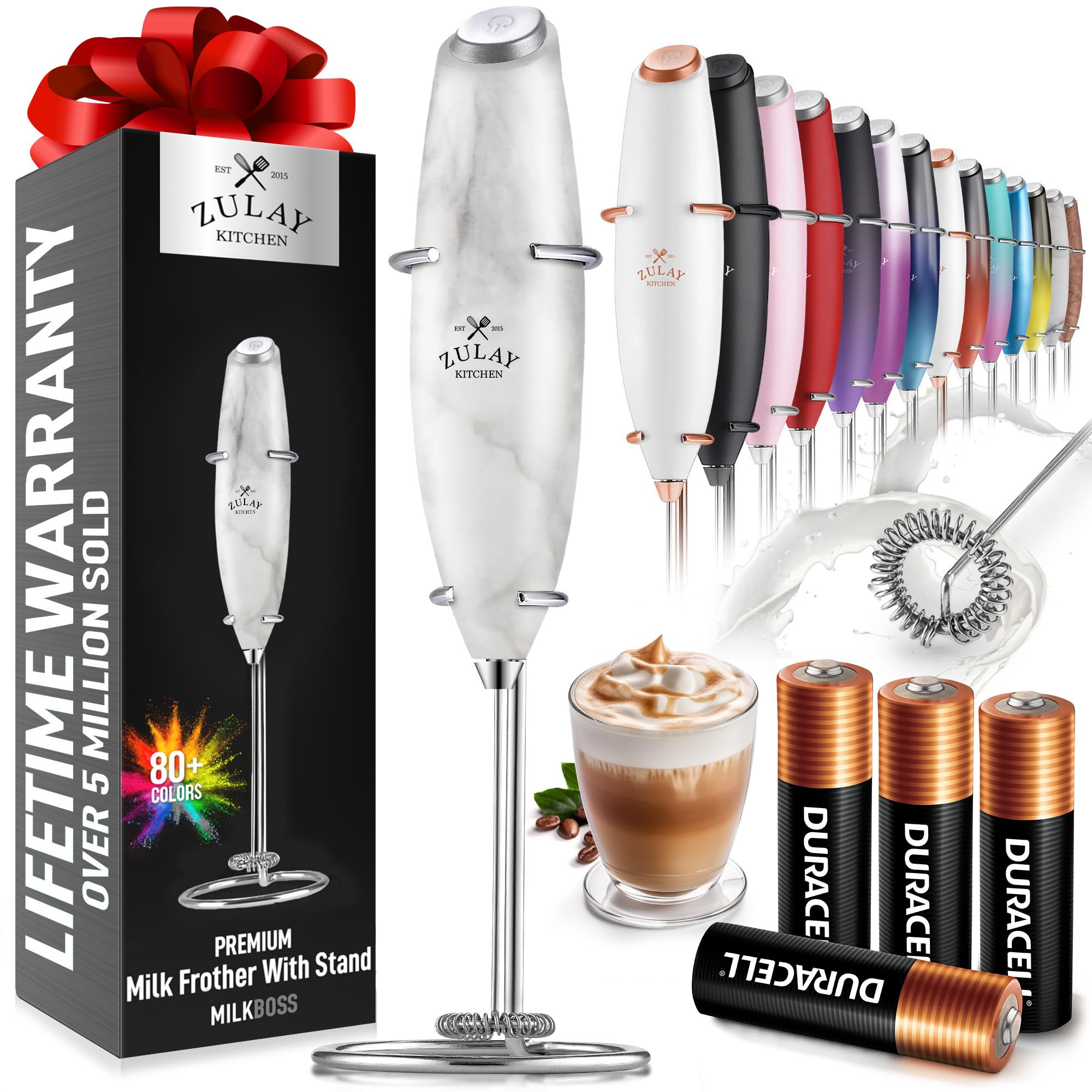 Zulay Kitchen Powerful Milk Frother Wand With 2 Duracell Batteries - Ultra Fast Handheld Drink Mixer - Electric Whisk Foam Maker for Coffee, Lattes, Cappuccino, Matcha, Hot Chocolate & Creamer - Black