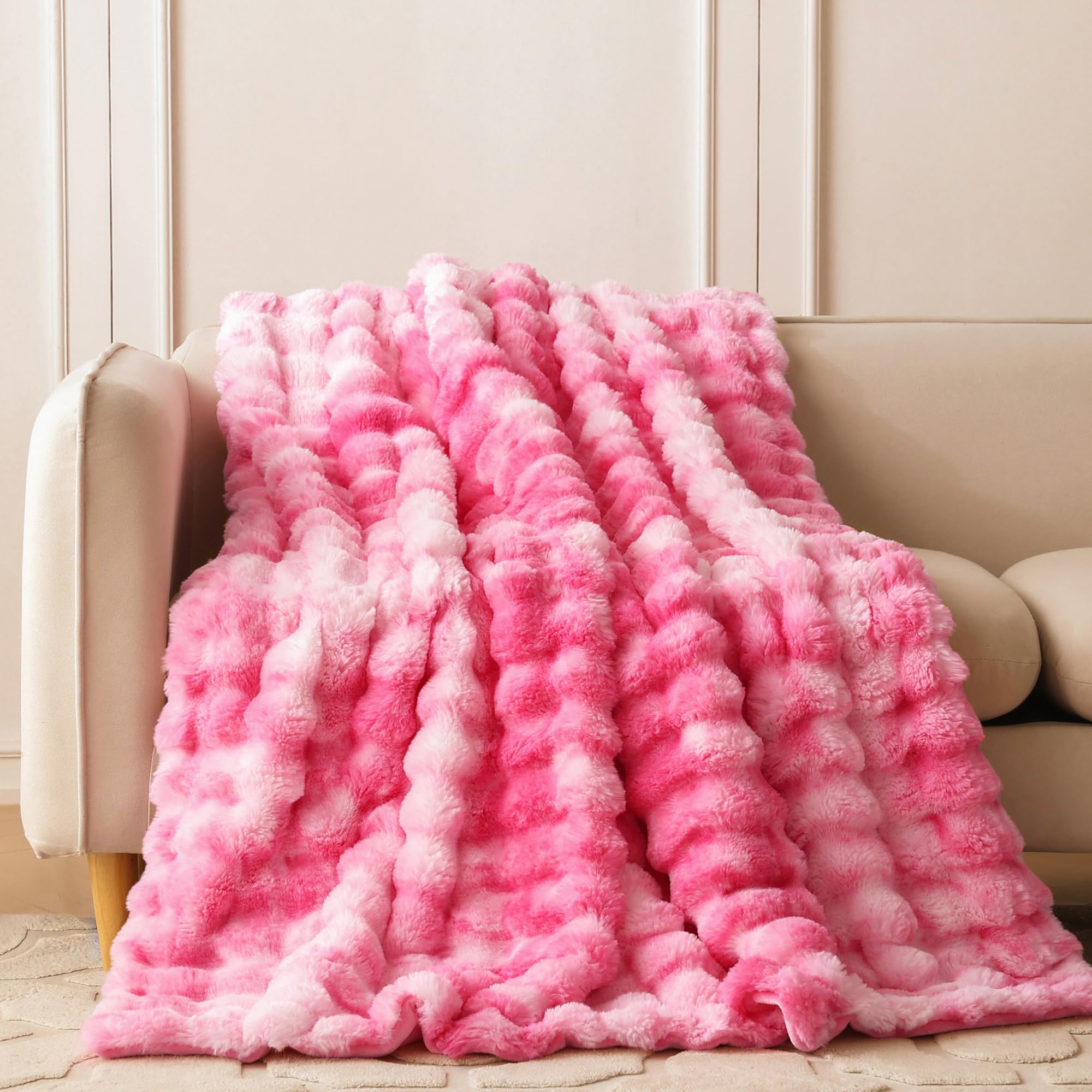 COOVA Faux Fur Throw Blanket for Couch, Cozy Soft and Fuzzy Plush Rabbit Fur Bubble Blanket for Sofa Bedroom Living Room, 50x60 Inches Tie Dye Brown