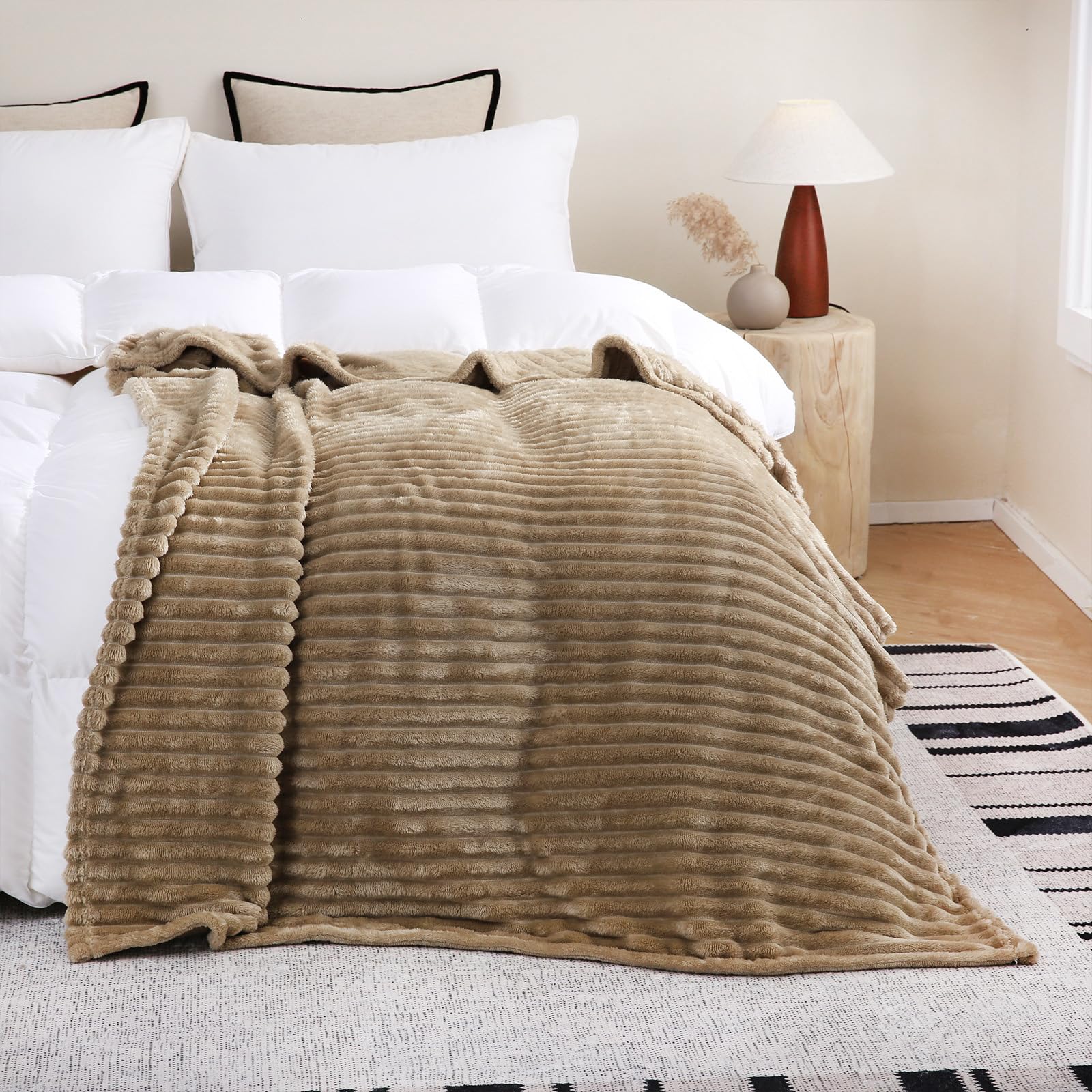 Sage Green Fleece Throw Blanket 50”×60” for Couch Sofa Bed,Super Soft Cozy Plush Microfiber Flannel Blanket with Stripes Design Lightweight for Adults,Woman,Girls