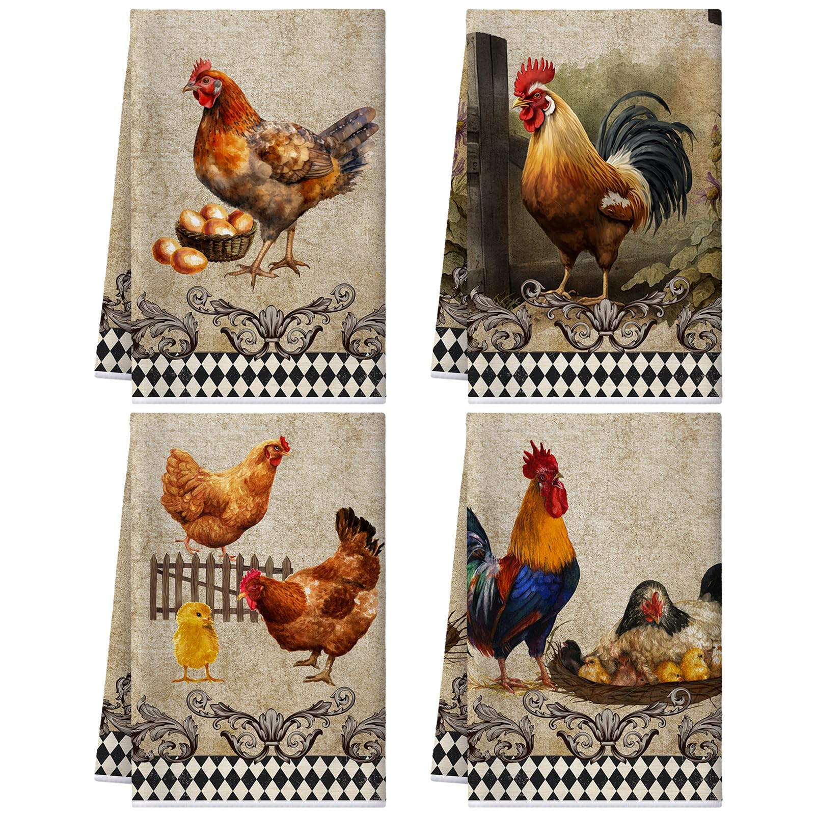 Geyoga 4 Pcs Chicken Kitchen Towels Rooster Dish Hand Towels Farm Animal Cow Vintage Rustic Tea Cloth for Spring Easter Bathroom Farmhouse Decor Gifts, 16 x 24 Inch(Classic Color,Rooster)