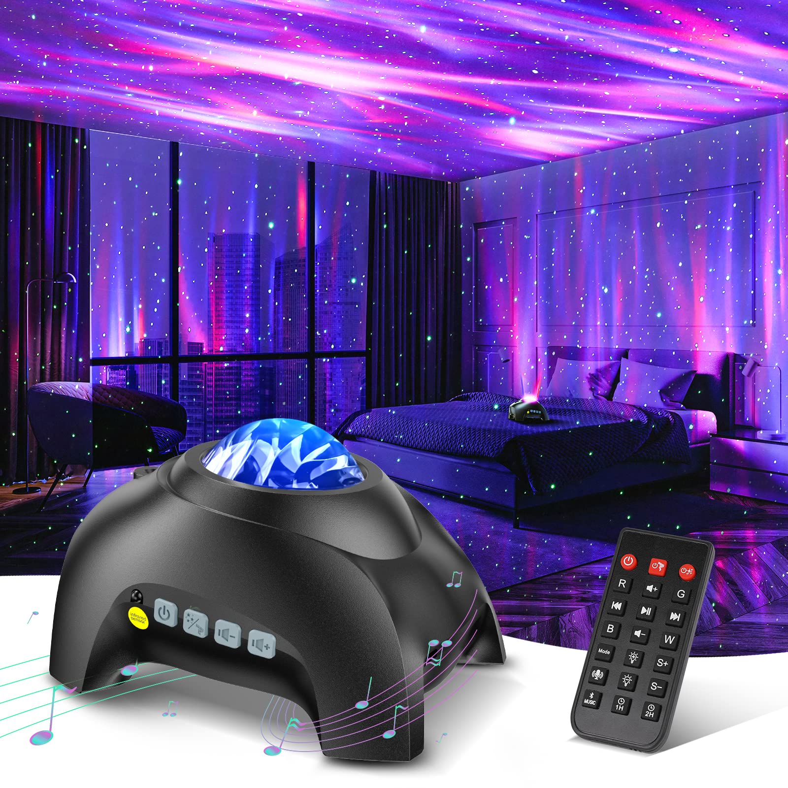 Northern Galaxy Aurora Projector – 33 Dynamic Light Effects, LED Star & Nebula Night Light with Remote Control, White Noise Sounds, and Bluetooth Speaker for Bedroom & Parties